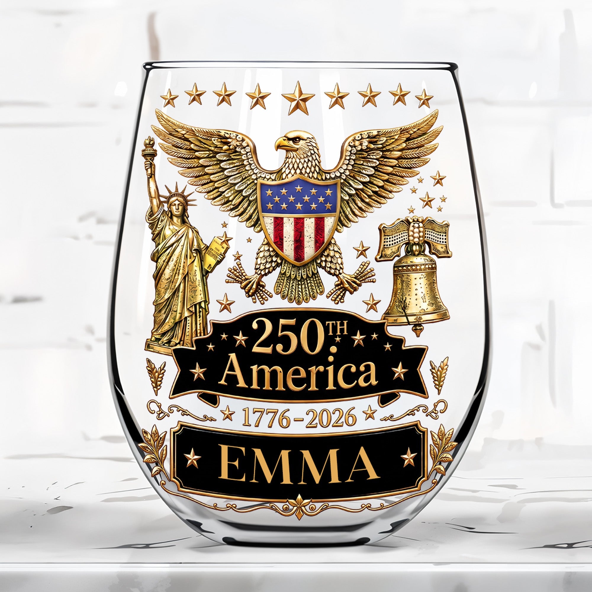 Personalized Stemless Wine Glass Custom Name Eagle Liberty Gift for 4th of July Wine Glasses GradoCreations