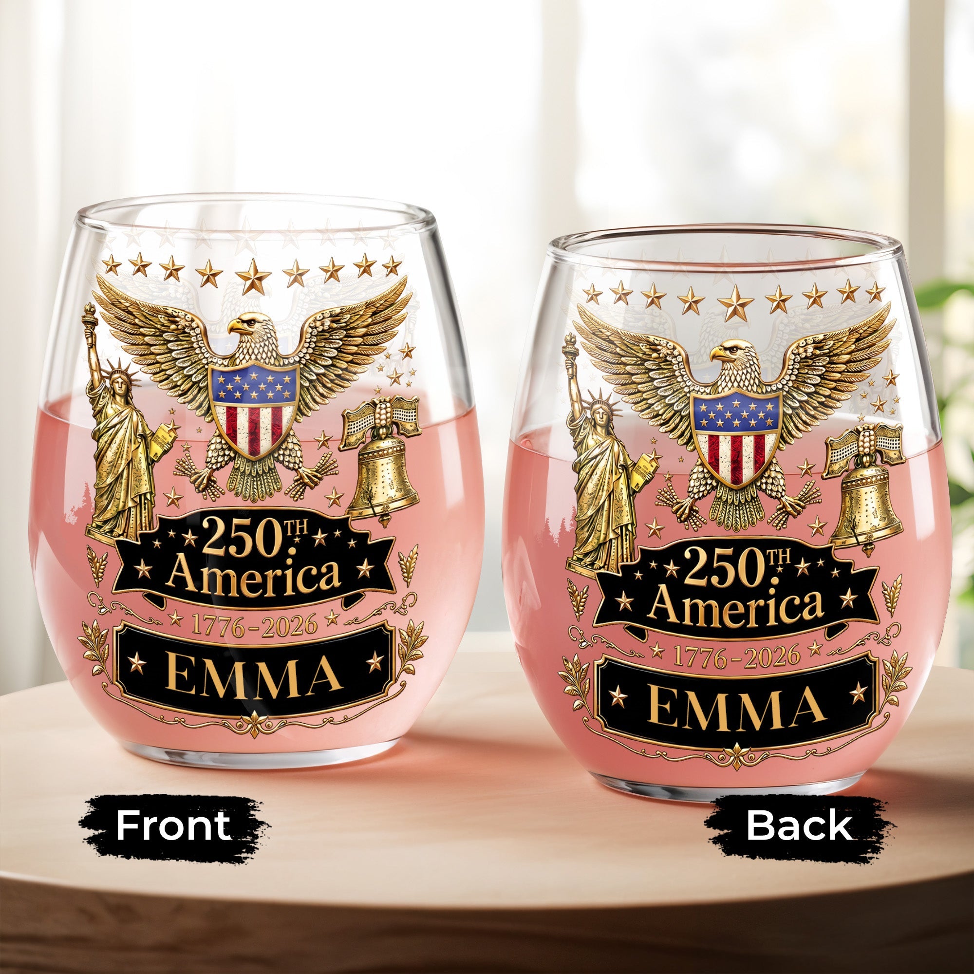 Personalized Stemless Wine Glass Custom Name Eagle Liberty Gift for 4th of July Wine Glasses GradoCreations