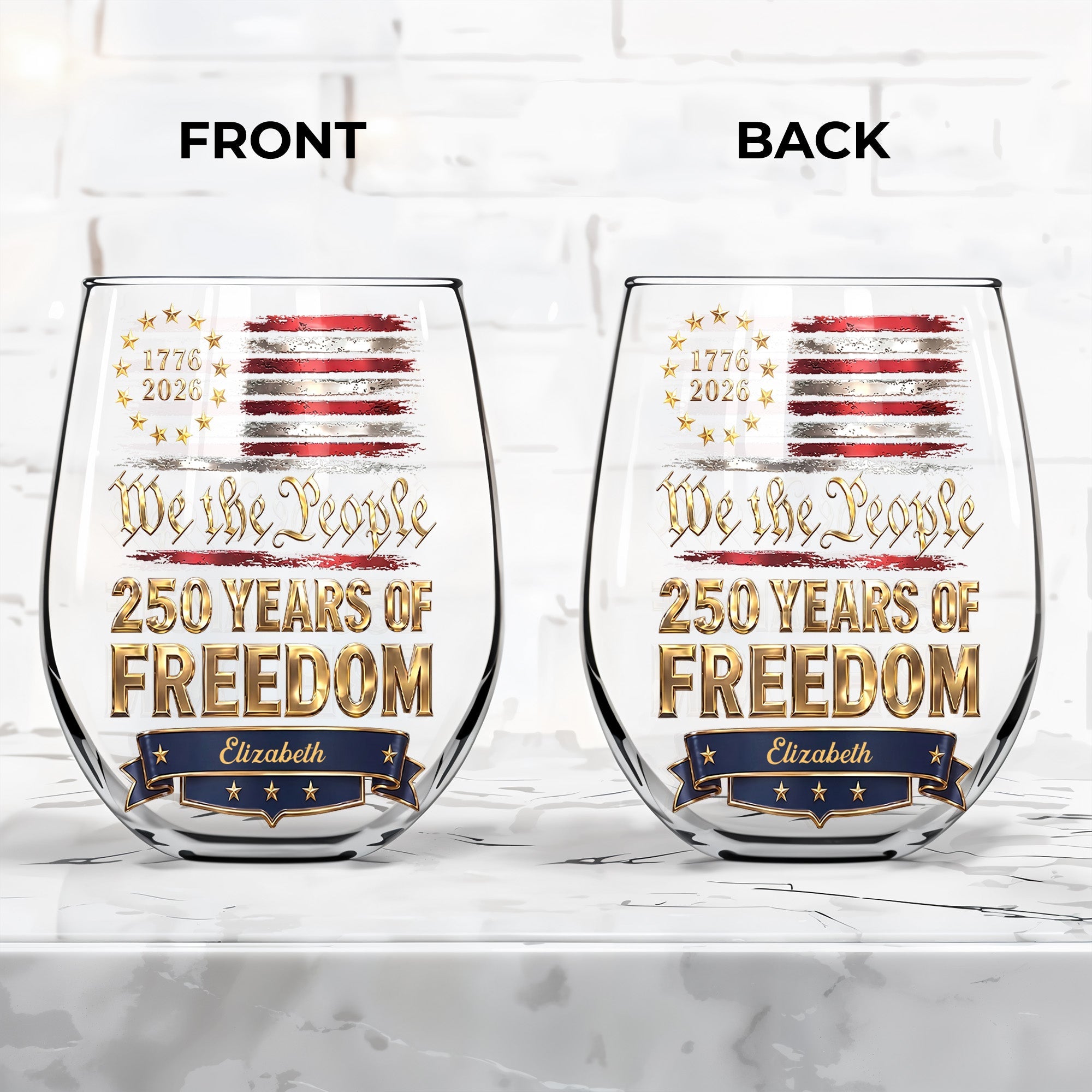 Personalized Stemless Wine Glass American Flag Gift for 4th of July Wine Glasses GradoCreations