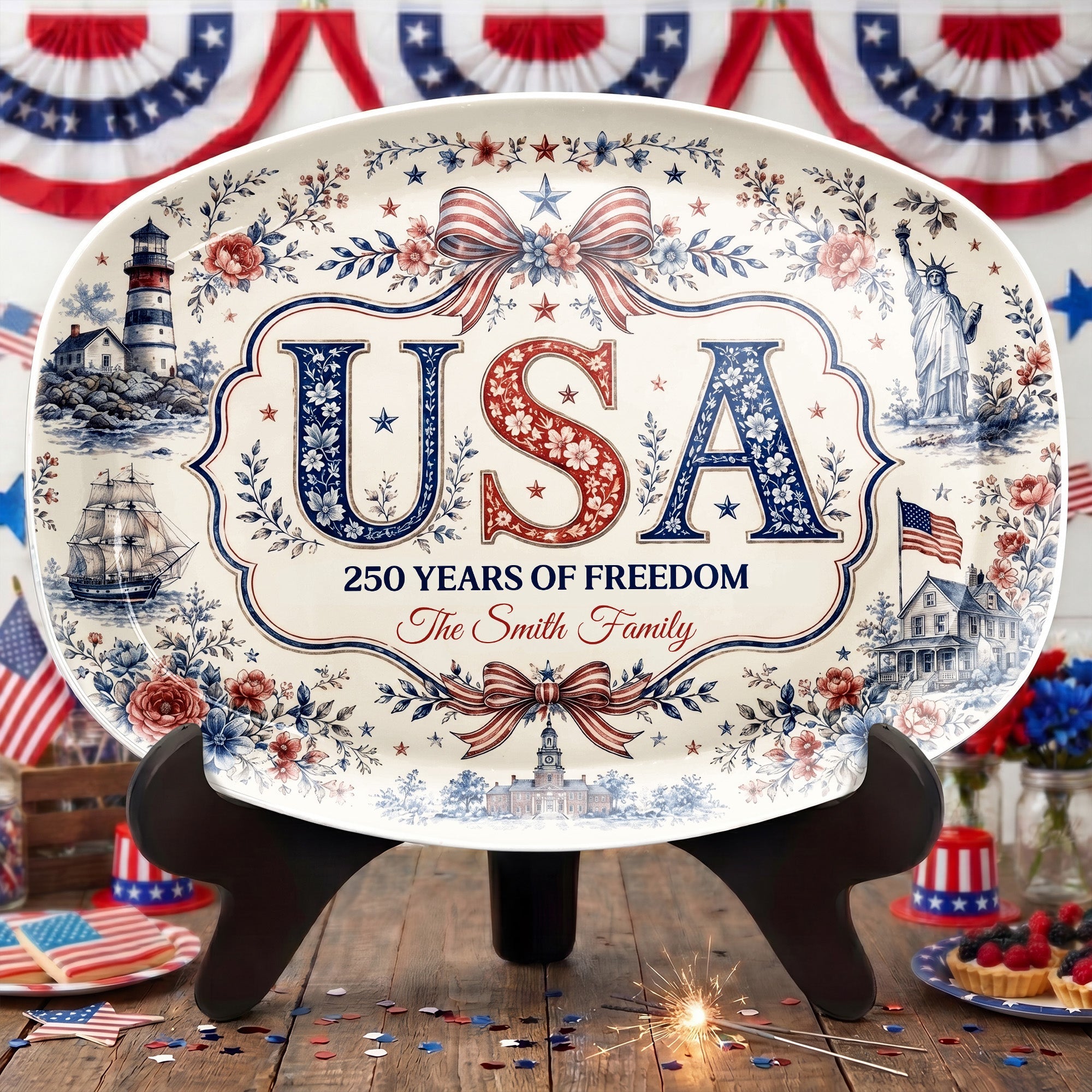 Personalized Family Name Custom Plate USA Flag Gift for Home Custom Plate GradoCreations