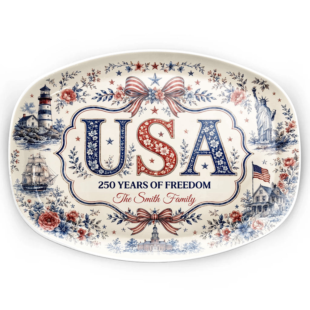 Personalized Family Name Custom Plate USA Flag Gift for Home Custom Plate GradoCreations