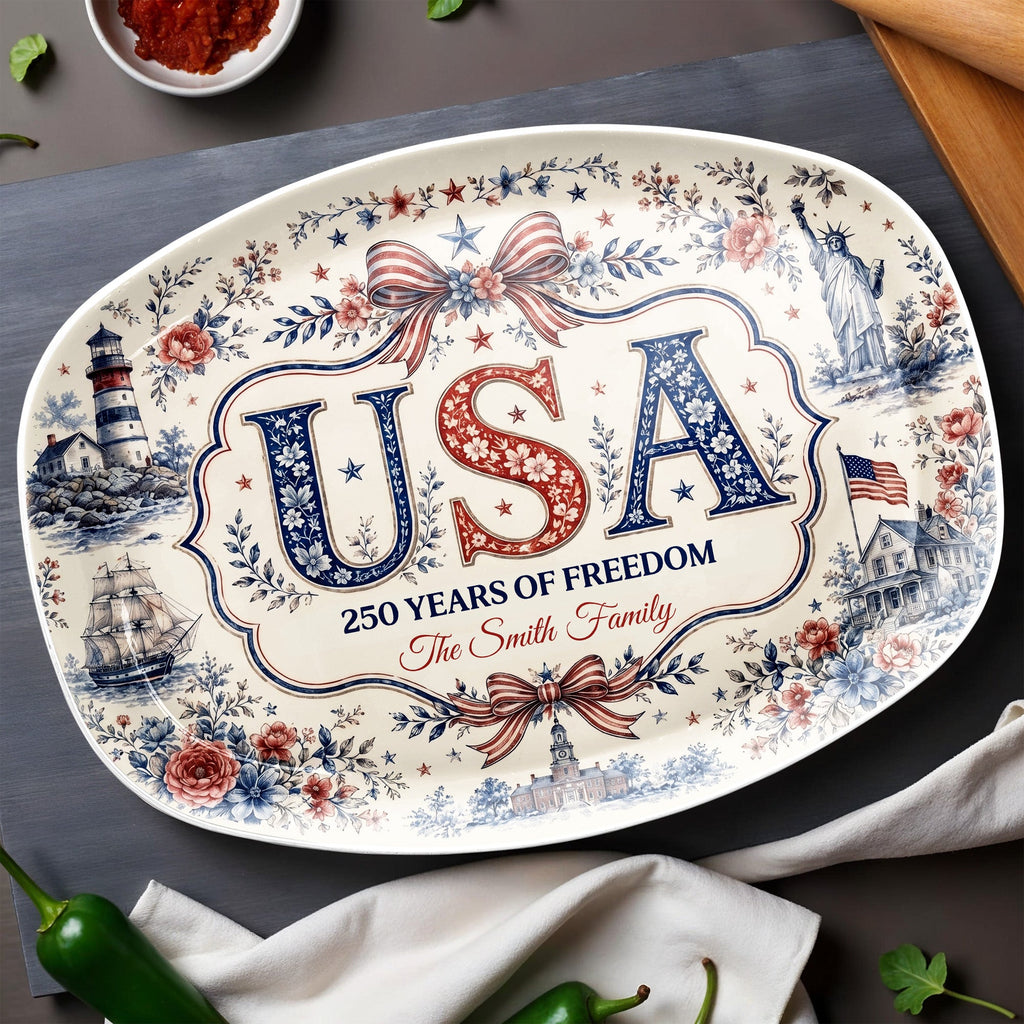 Personalized Family Name Custom Plate USA Flag Gift for Home Custom Plate GradoCreations