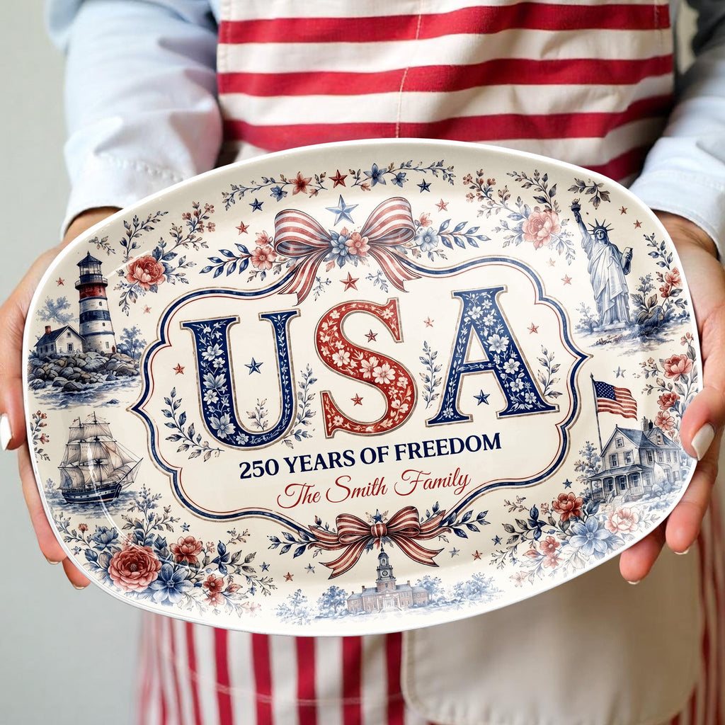 Personalized Family Name Custom Plate USA Flag Gift for Home Custom Plate GradoCreations