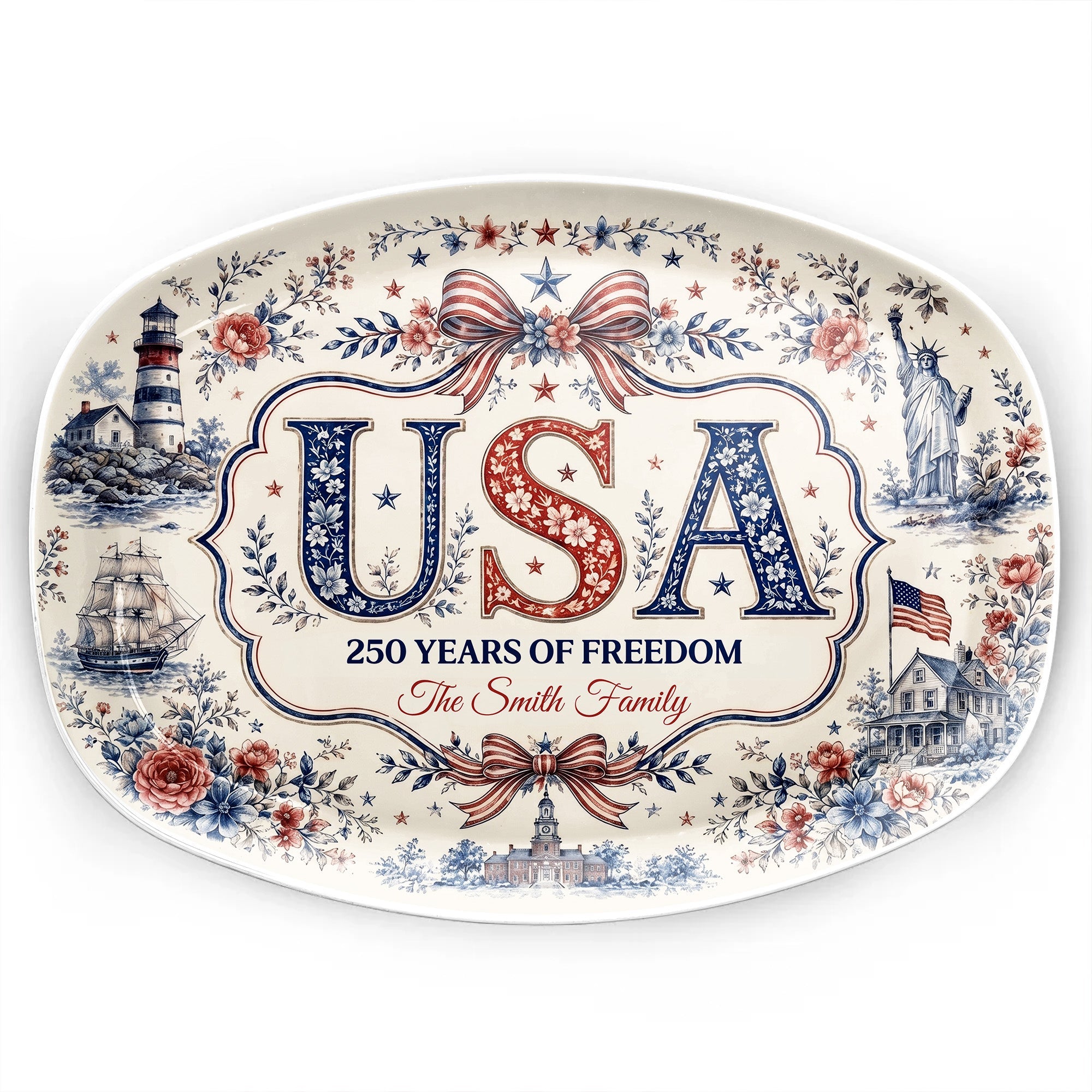 Personalized Family Name Custom Plate USA Flag Gift for Home Custom Plate GradoCreations