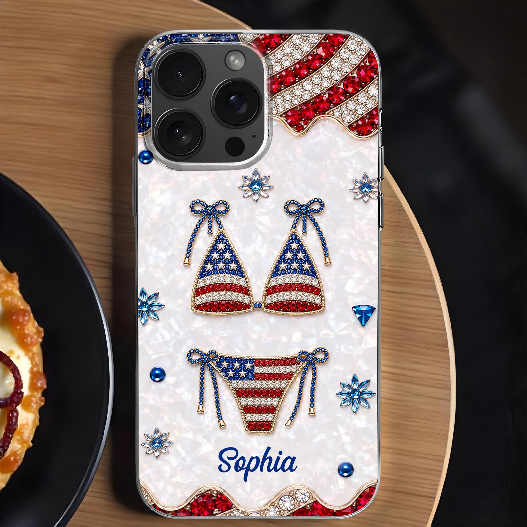 Personalized Clear Phone Case American Flag Gems Glam Gift Clear Phone Case GradoCreations