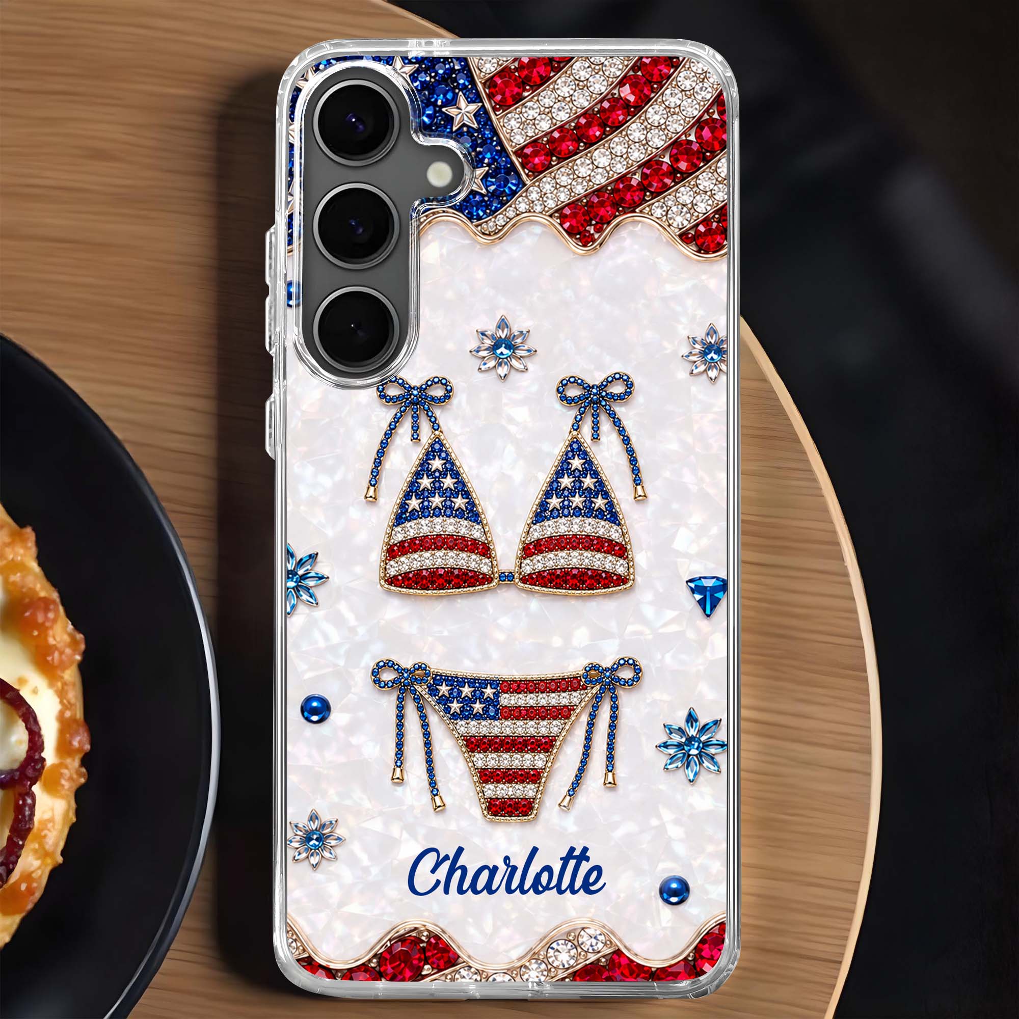 Personalized Clear Phone Case American Flag Gems Glam Gift Clear Phone Case GradoCreations