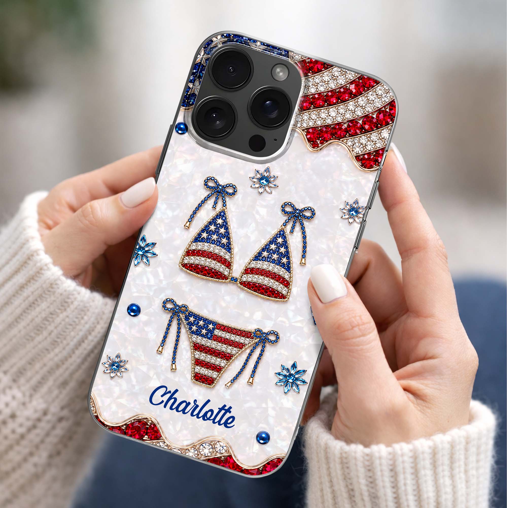Personalized Clear Phone Case American Flag Gems Glam Gift Clear Phone Case GradoCreations