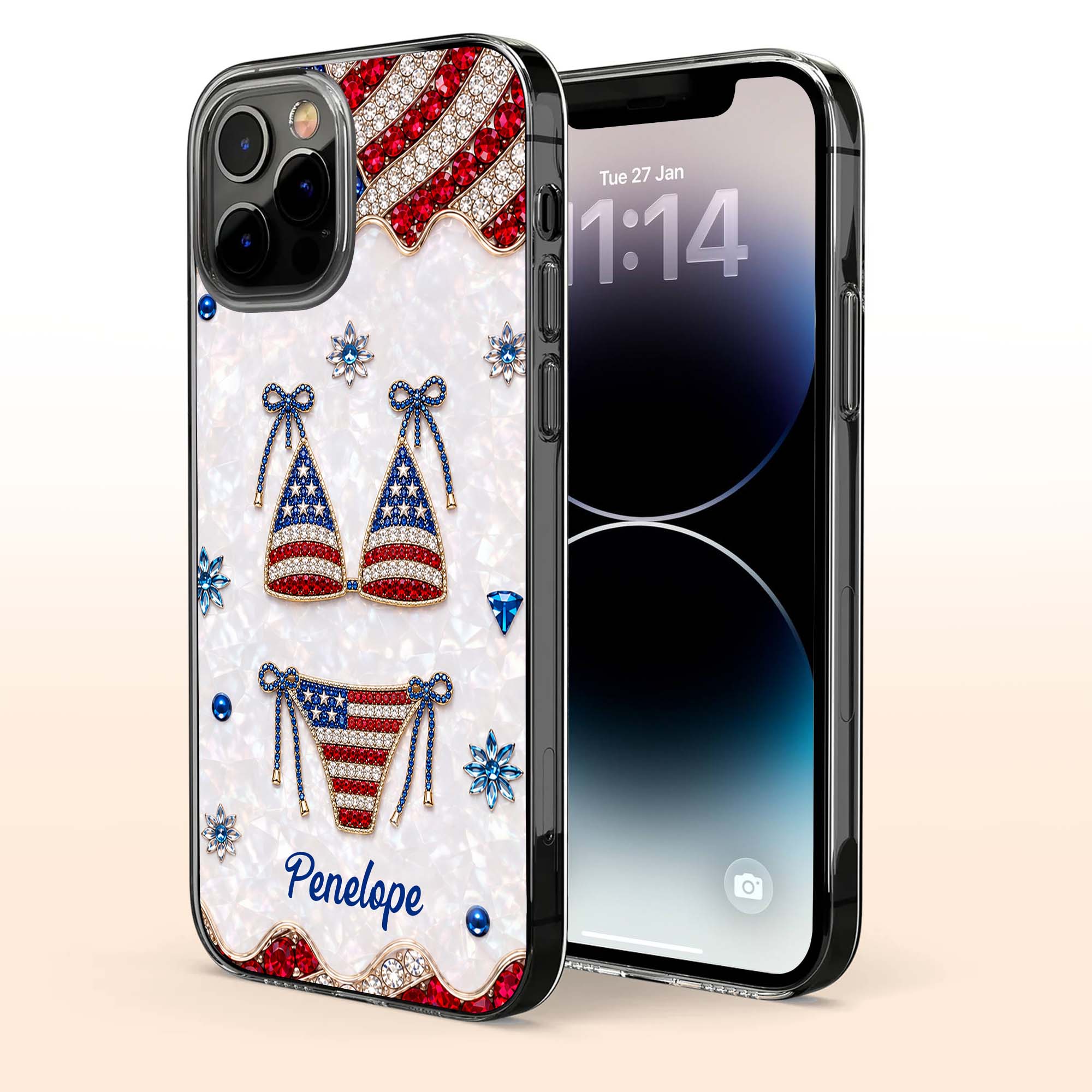 Personalized Clear Phone Case American Flag Gems Glam Gift Clear Phone Case GradoCreations