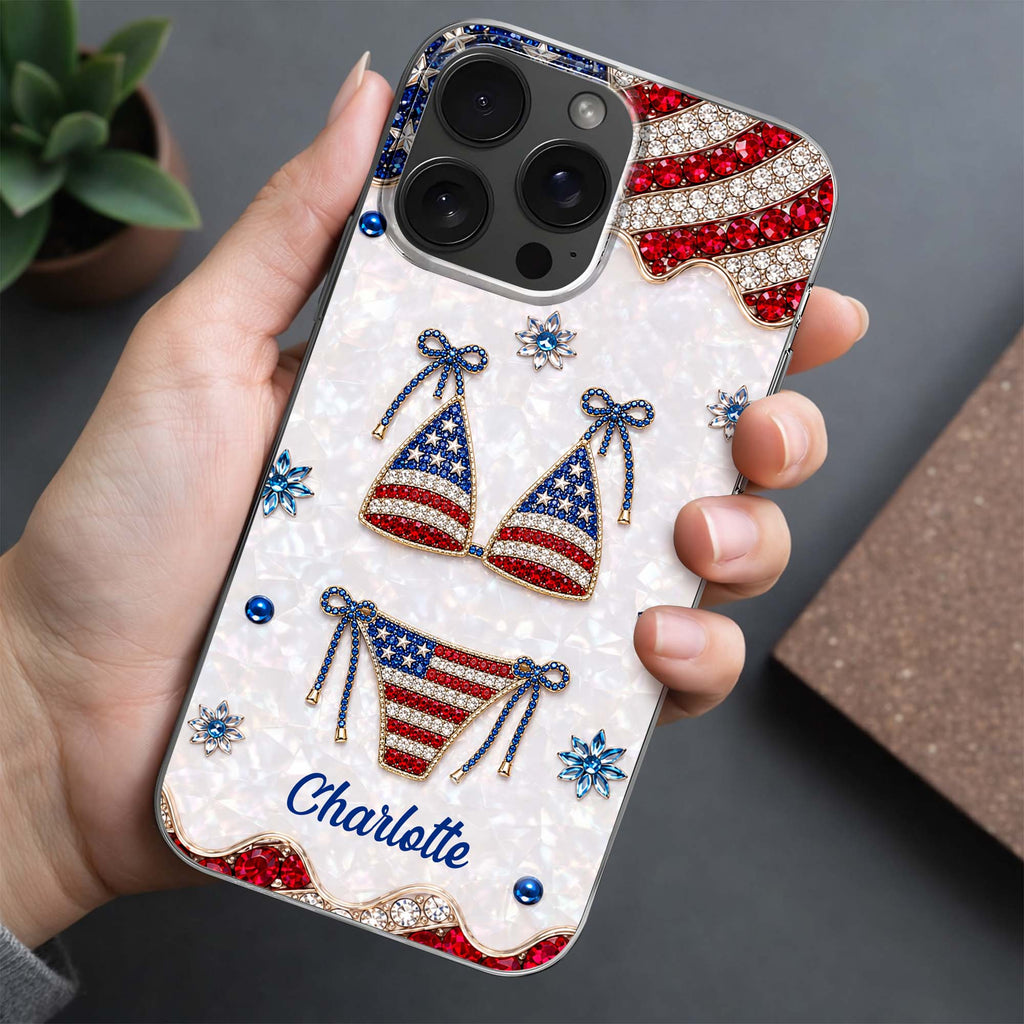 Personalized Clear Phone Case American Flag Gems Glam Gift Clear Phone Case GradoCreations