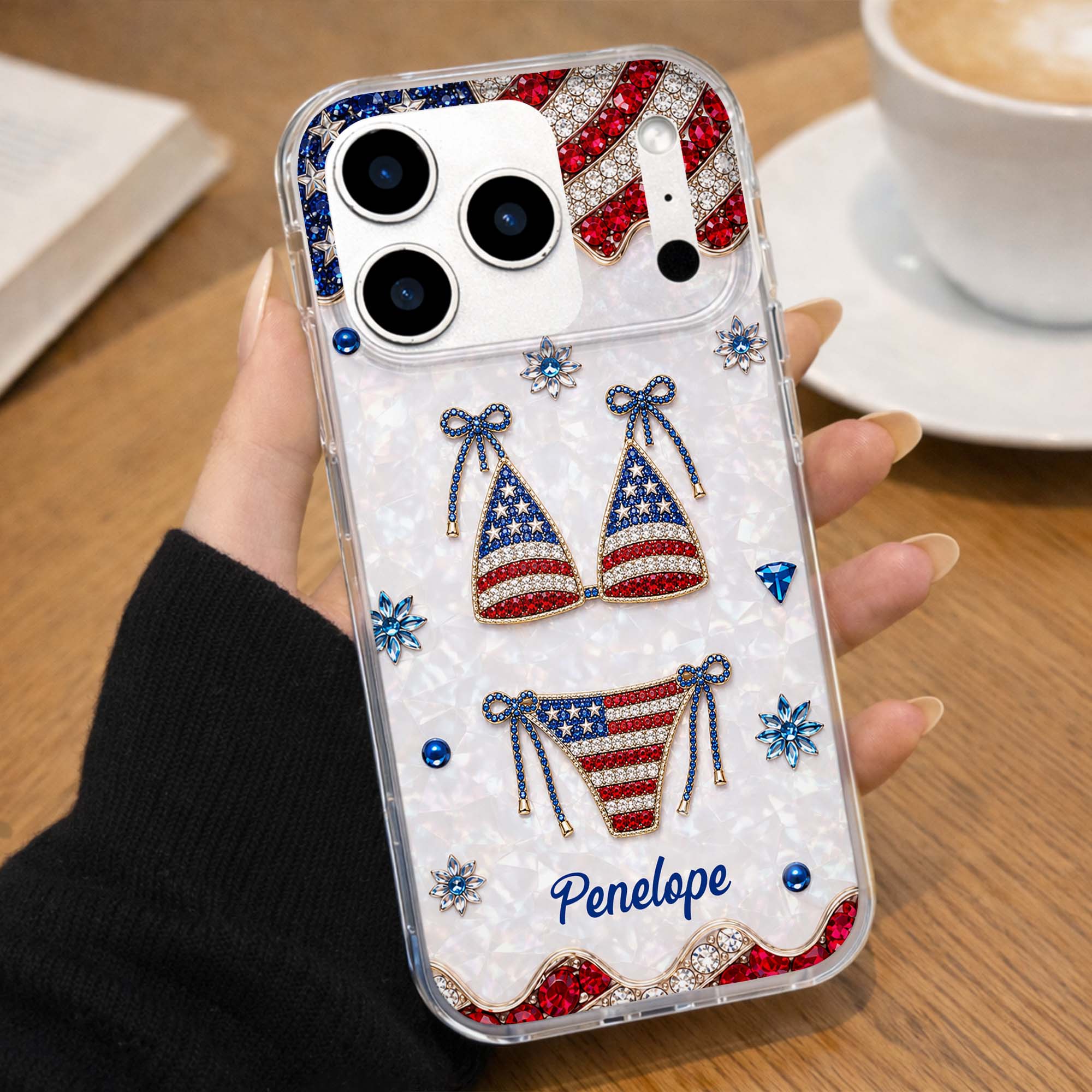 Personalized Clear Phone Case American Flag Gems Glam Gift Clear Phone Case GradoCreations