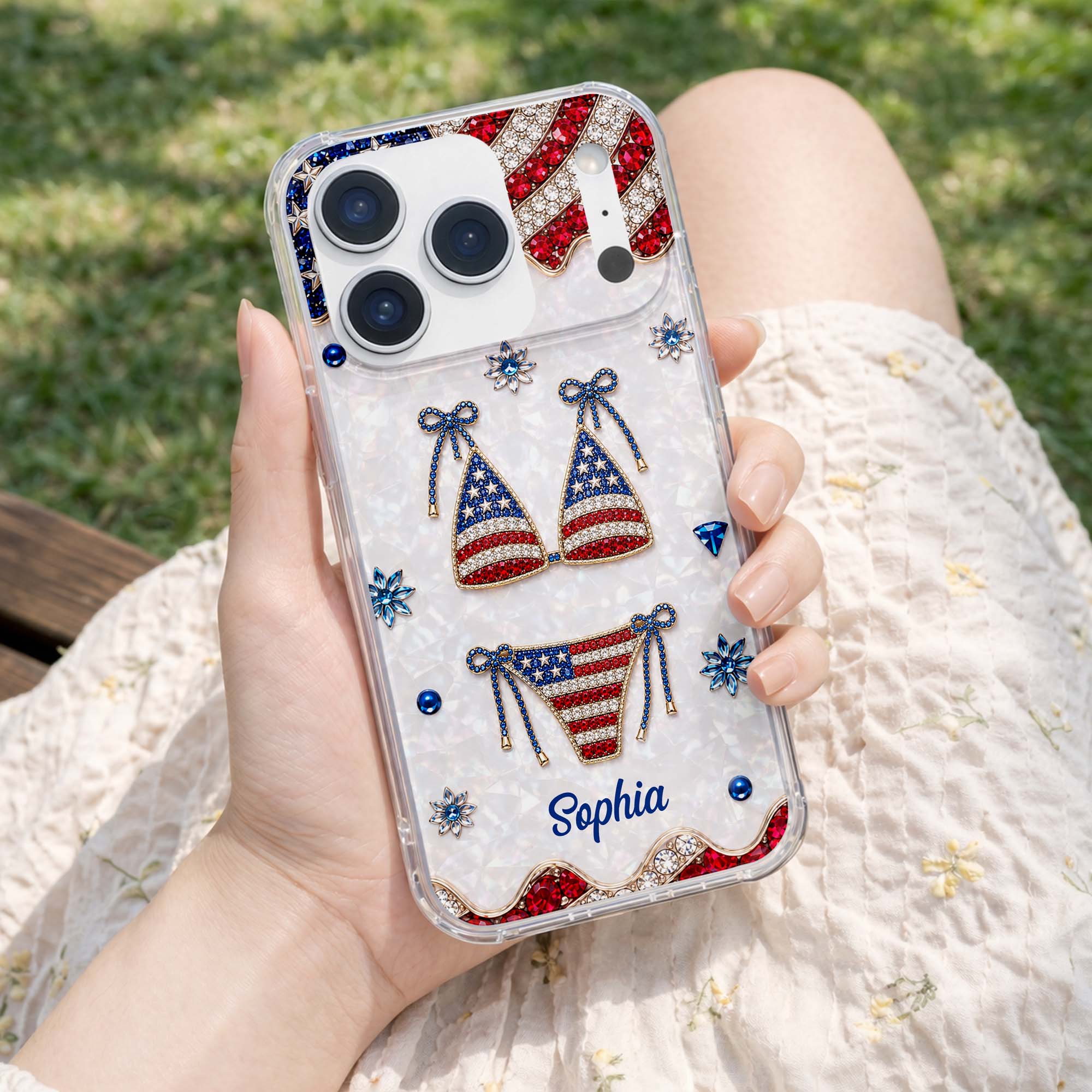 Personalized Clear Phone Case American Flag Gems Glam Gift Clear Phone Case GradoCreations