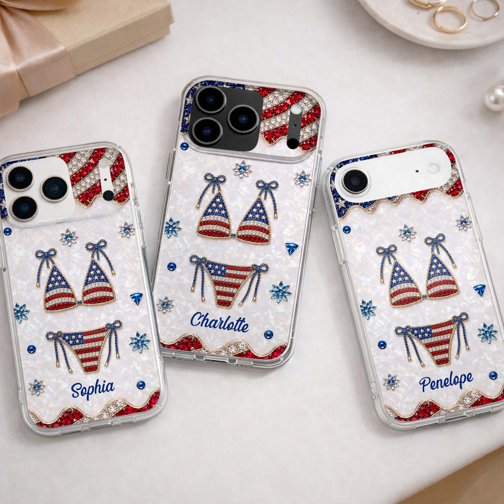 Personalized Clear Phone Case American Flag Gems Glam Gift Clear Phone Case GradoCreations