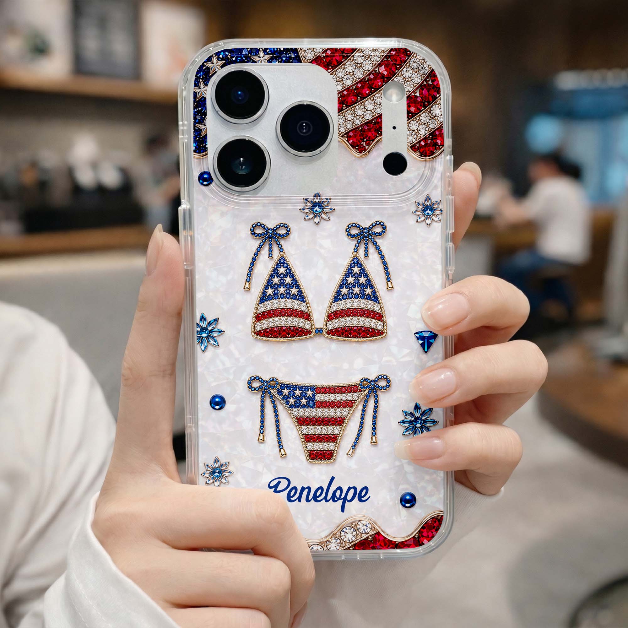 Personalized Clear Phone Case American Flag Gems Glam Gift Clear Phone Case GradoCreations