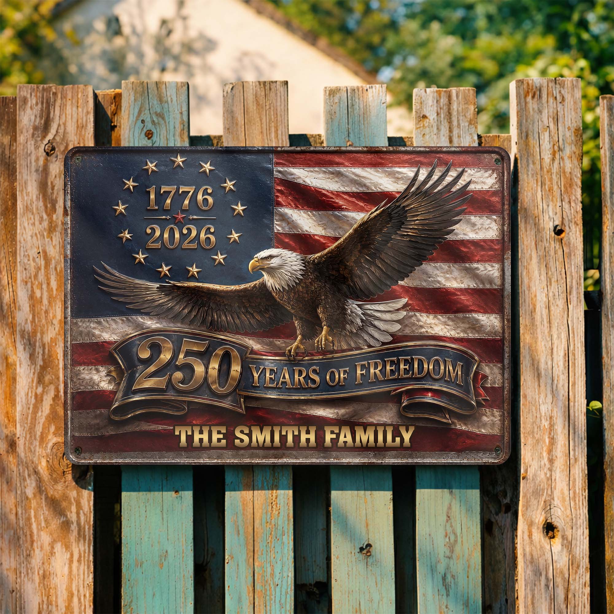Personalized Metal Sign Custom Family Name Bald Eagle USA Flag Gift Metal Sign GradoCreations