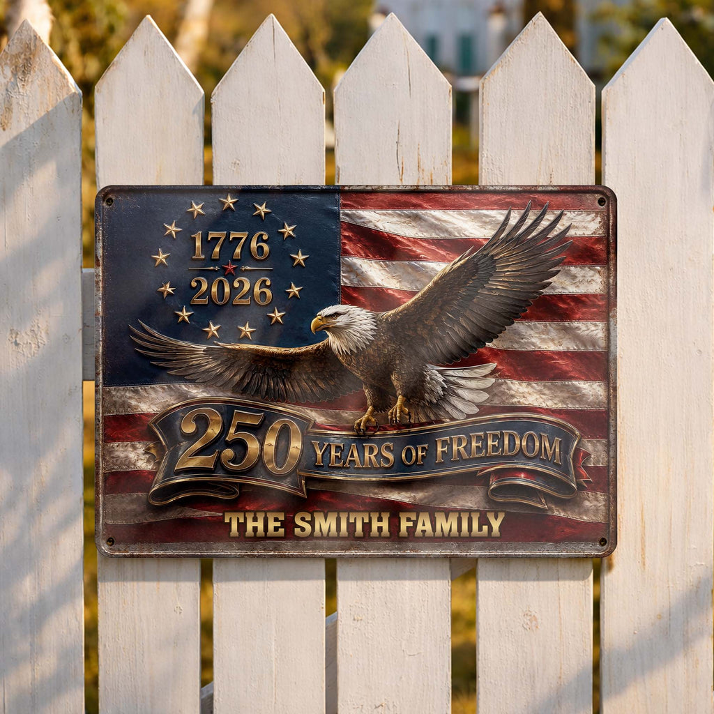 Personalized Metal Sign Custom Family Name Bald Eagle USA Flag Gift Metal Sign GradoCreations