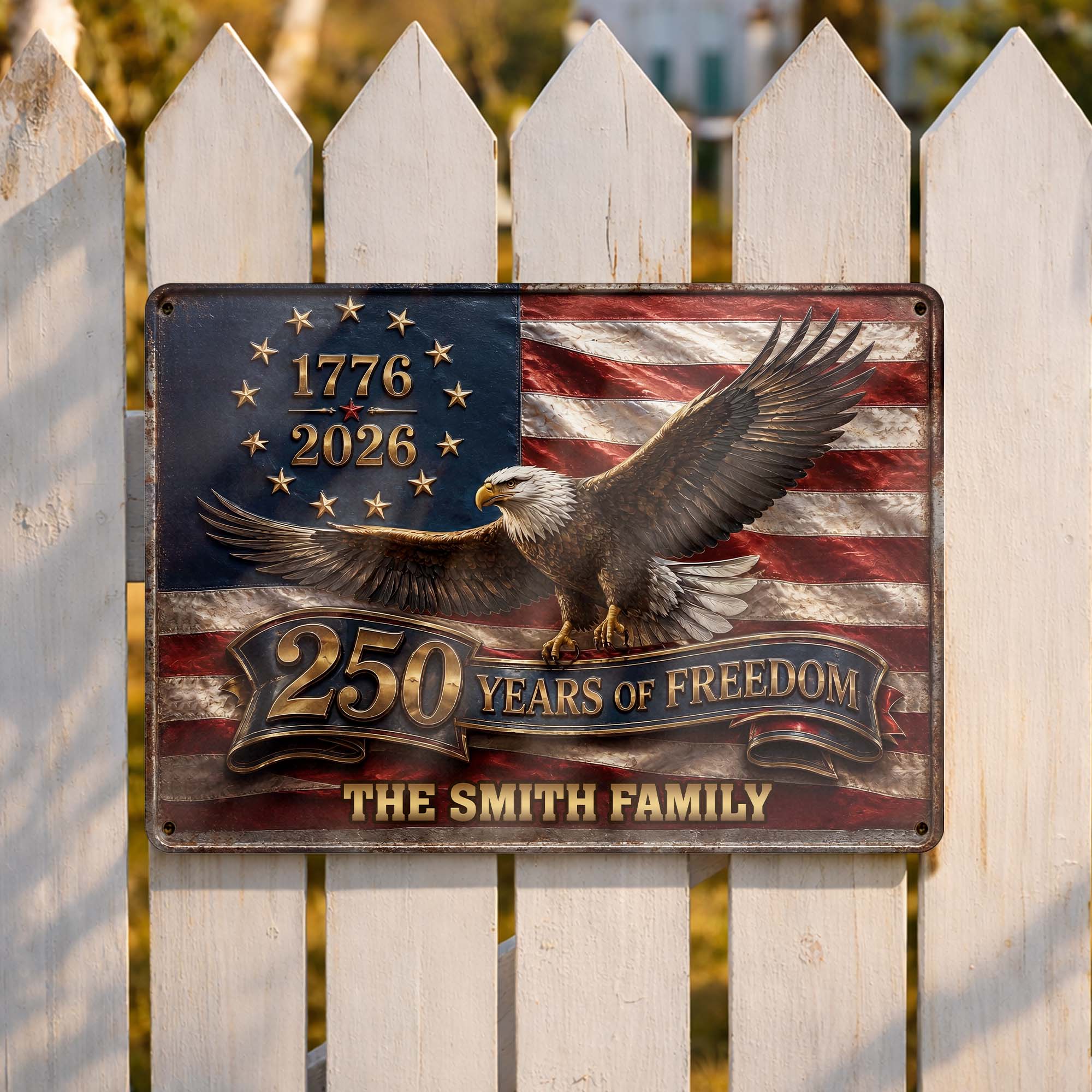 Personalized Metal Sign Custom Family Name Bald Eagle USA Flag Gift Metal Sign GradoCreations