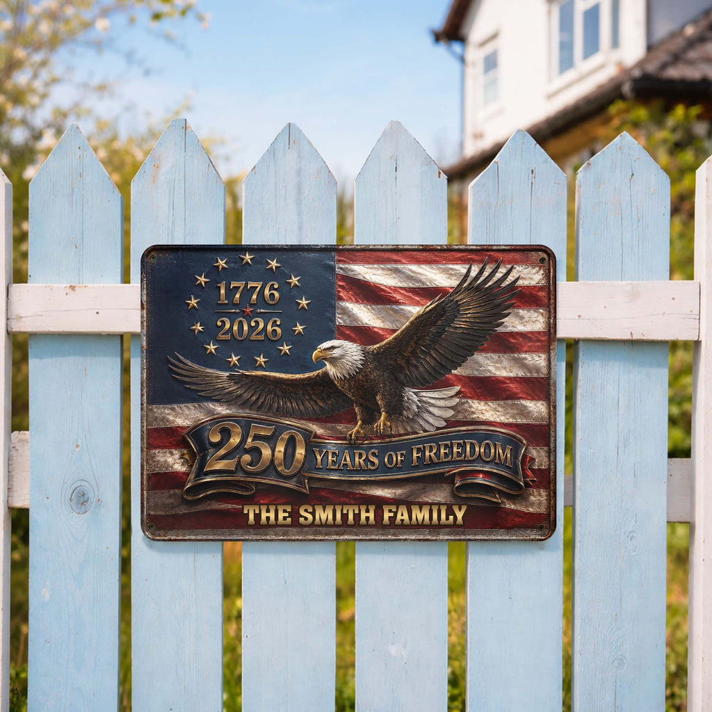 Personalized Metal Sign Custom Family Name Bald Eagle USA Flag Gift Metal Sign GradoCreations