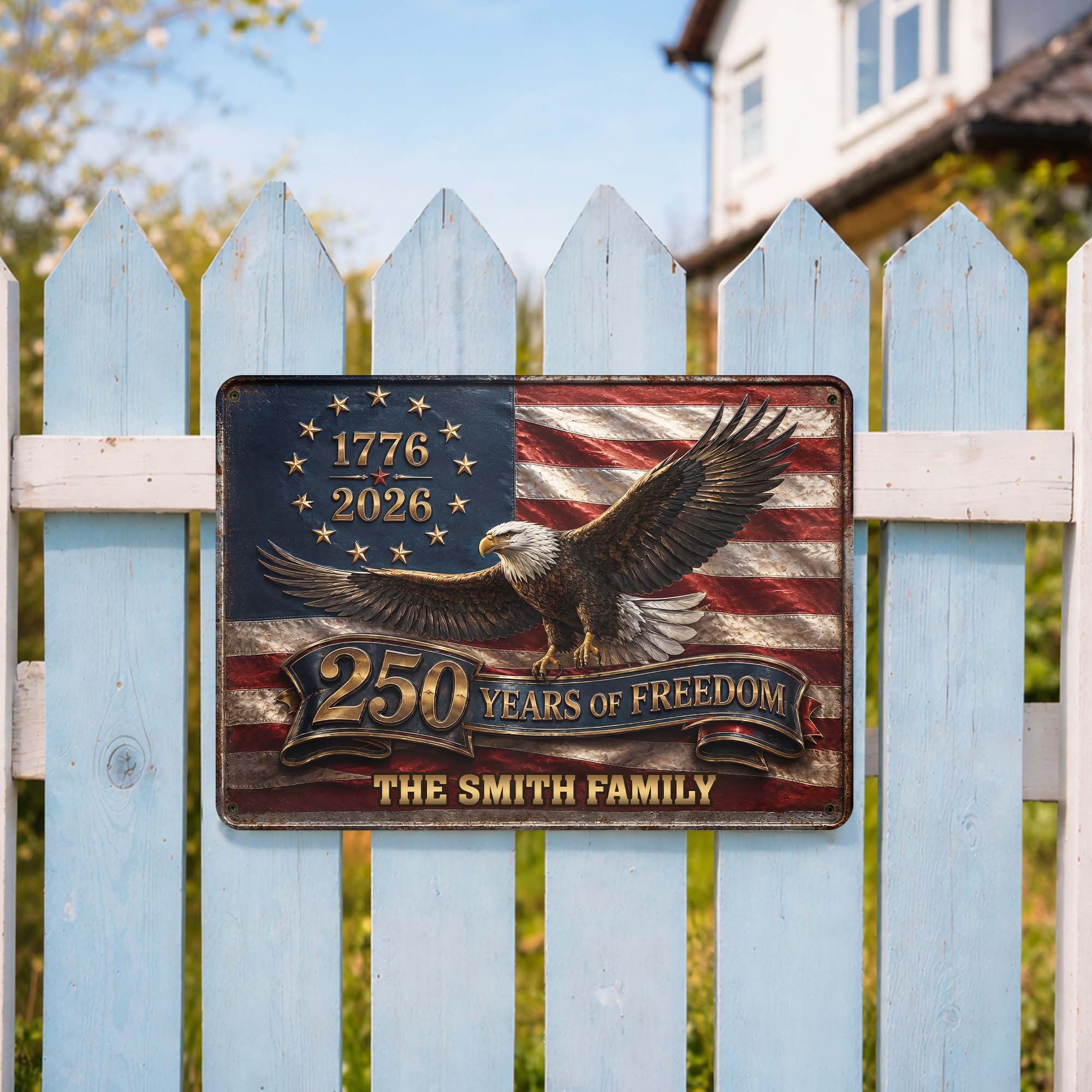 Personalized Metal Sign Custom Family Name Bald Eagle USA Flag Gift Metal Sign GradoCreations