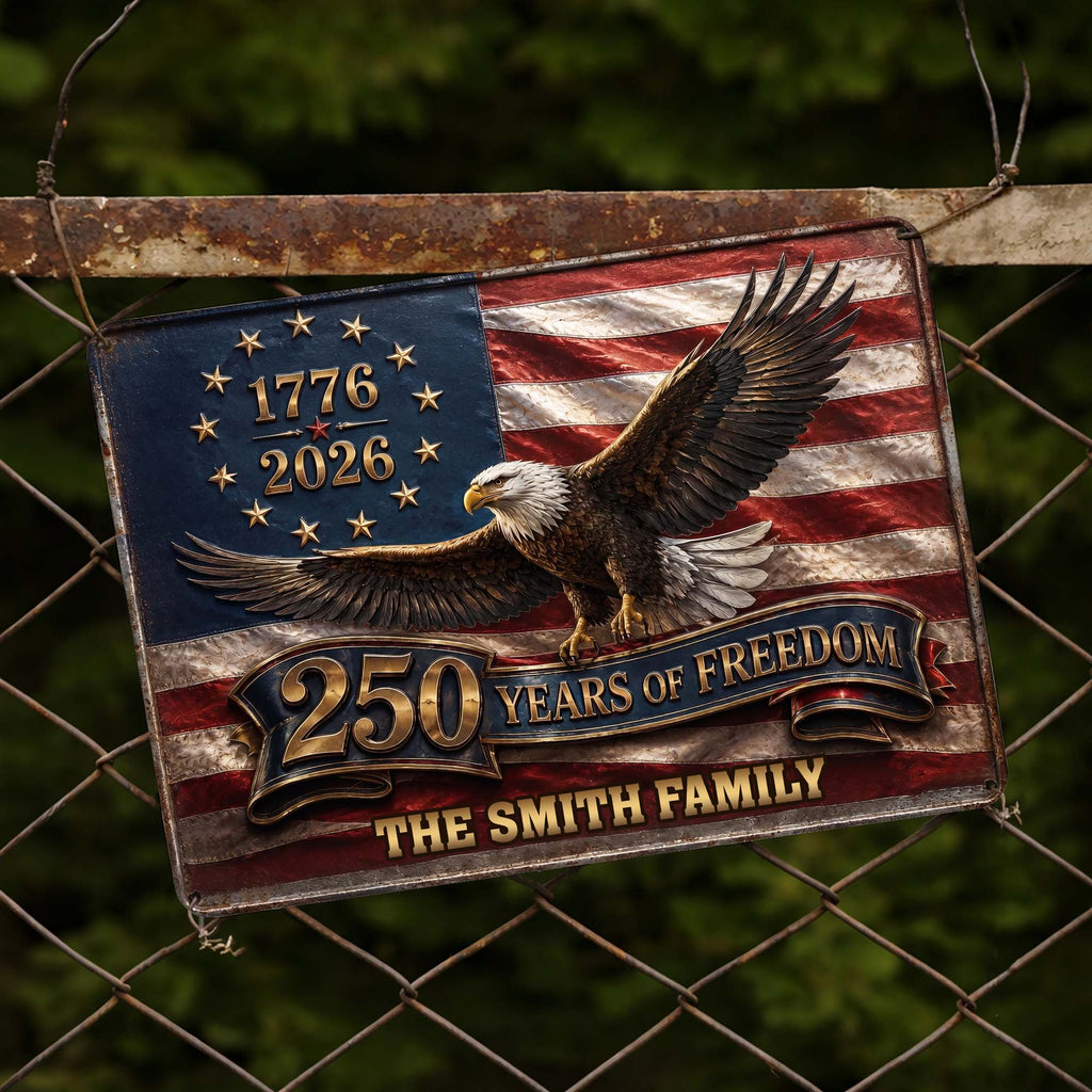 Personalized Metal Sign Custom Family Name Bald Eagle USA Flag Gift Metal Sign GradoCreations