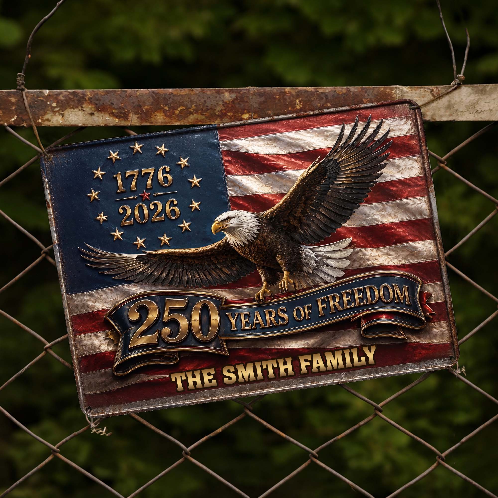 Personalized Metal Sign Custom Family Name Bald Eagle USA Flag Gift Metal Sign GradoCreations