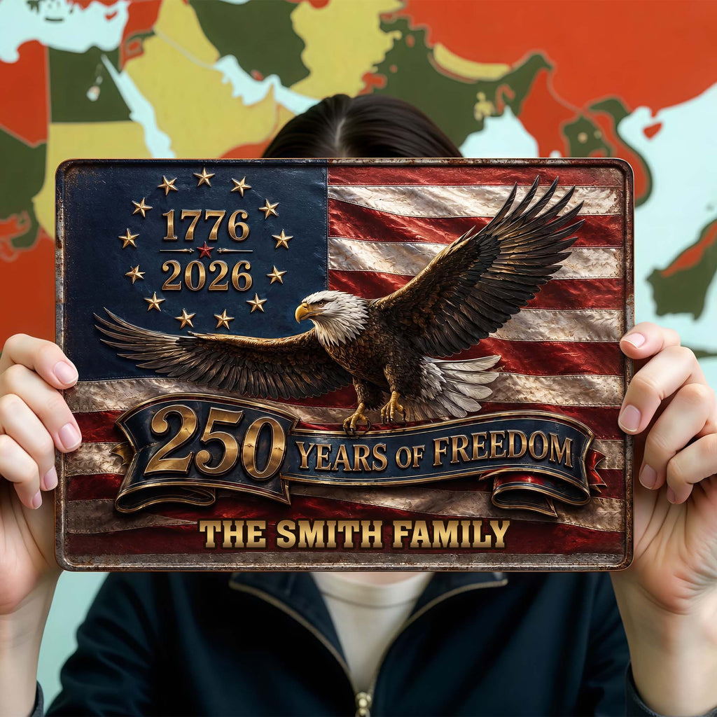 Personalized Metal Sign Custom Family Name Bald Eagle USA Flag Gift Metal Sign GradoCreations