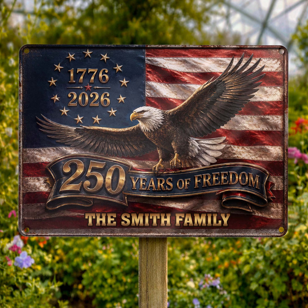 Personalized Metal Sign Custom Family Name Bald Eagle USA Flag Gift Metal Sign GradoCreations