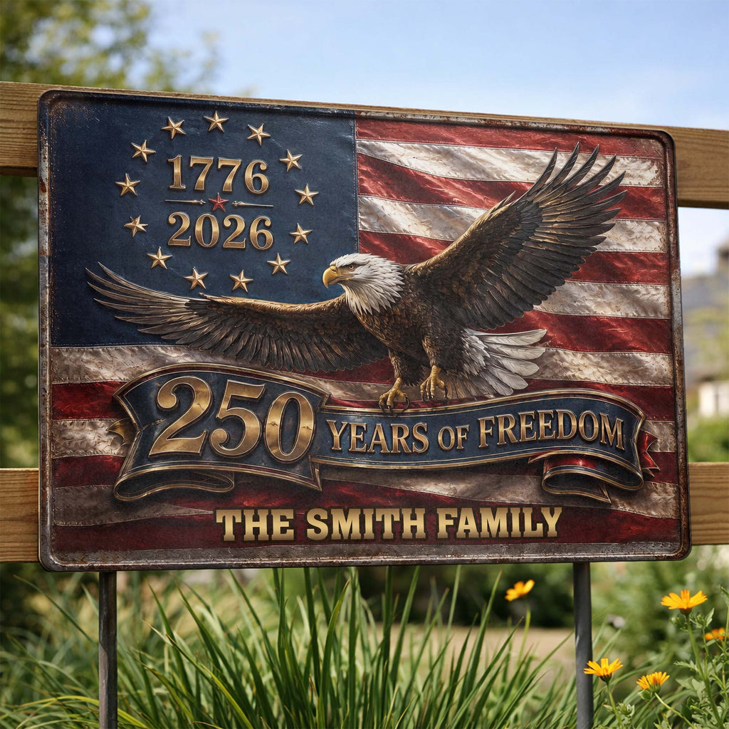 Personalized Metal Sign Custom Family Name Bald Eagle USA Flag Gift Metal Sign GradoCreations