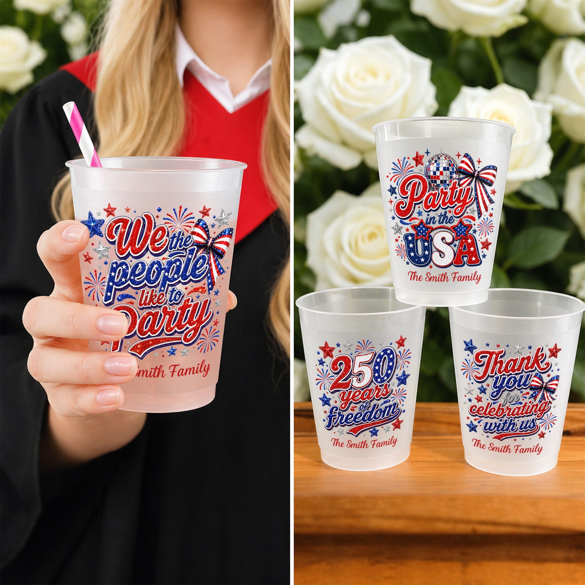 Personalized Frosted Cups with American Flag Custom Name Gift for 4th of July Frosted Cups GradoCreations