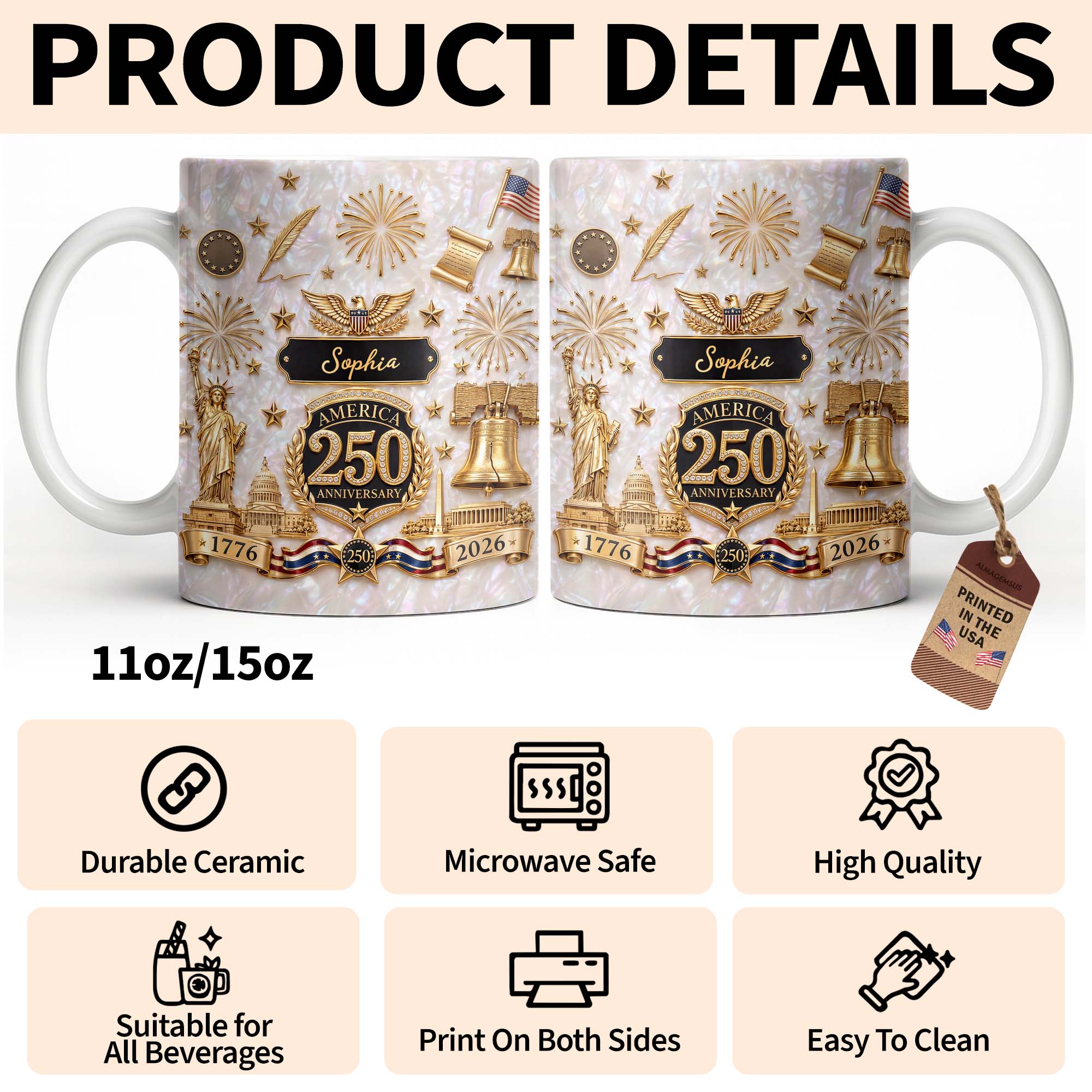 Personalized Custom America 250 Anniversary Coffee Mug Gift Edge-to-edge Mug GradoCreations