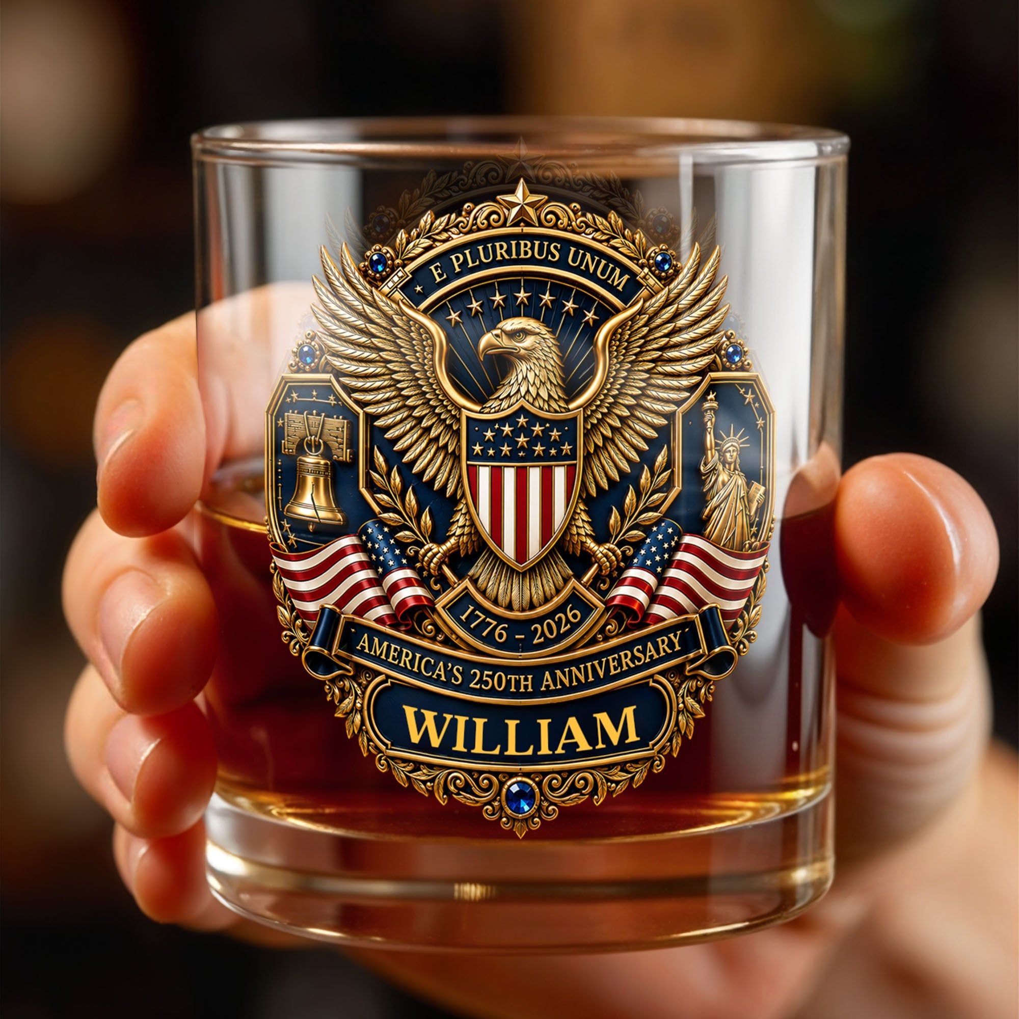 Personalized Whiskey Glass Custom Family Name American Flag Gift for Dad Whiskey Glass GradoCreations