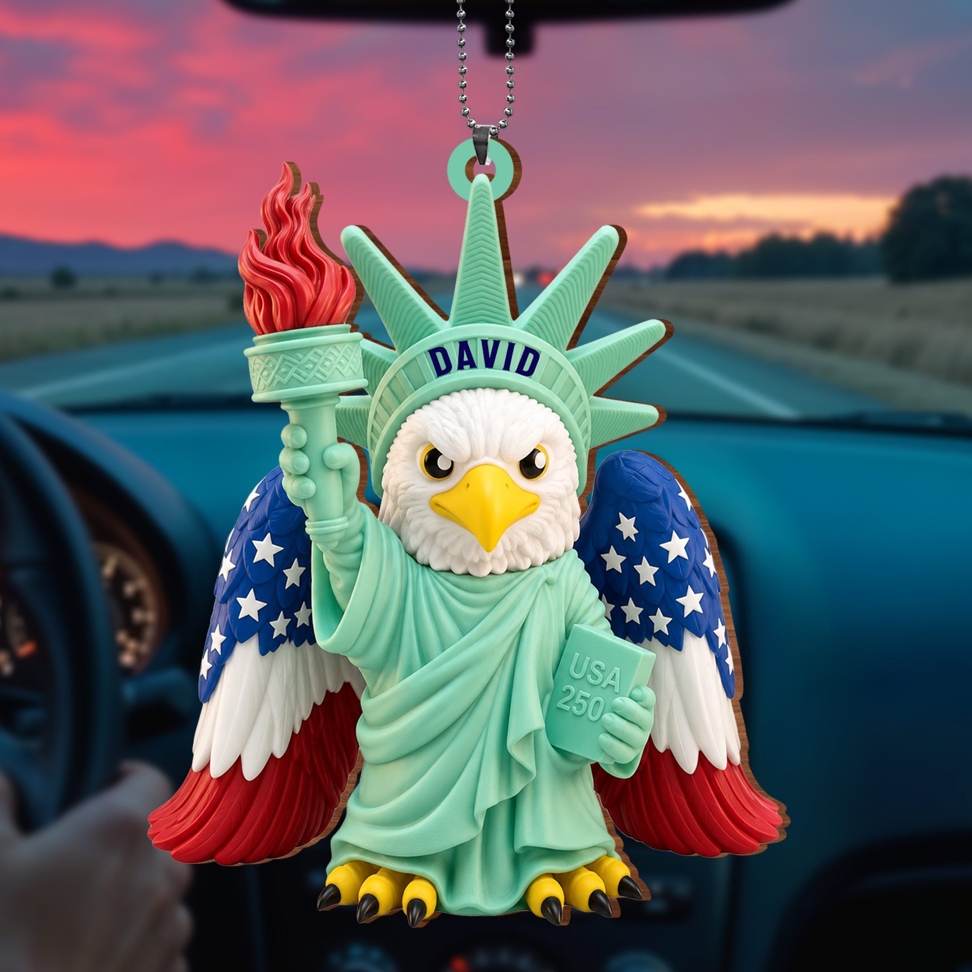 Personalized Wood Car Hanging Ornament Custom Name Patriotic Gift Wood Ornament GradoCreations