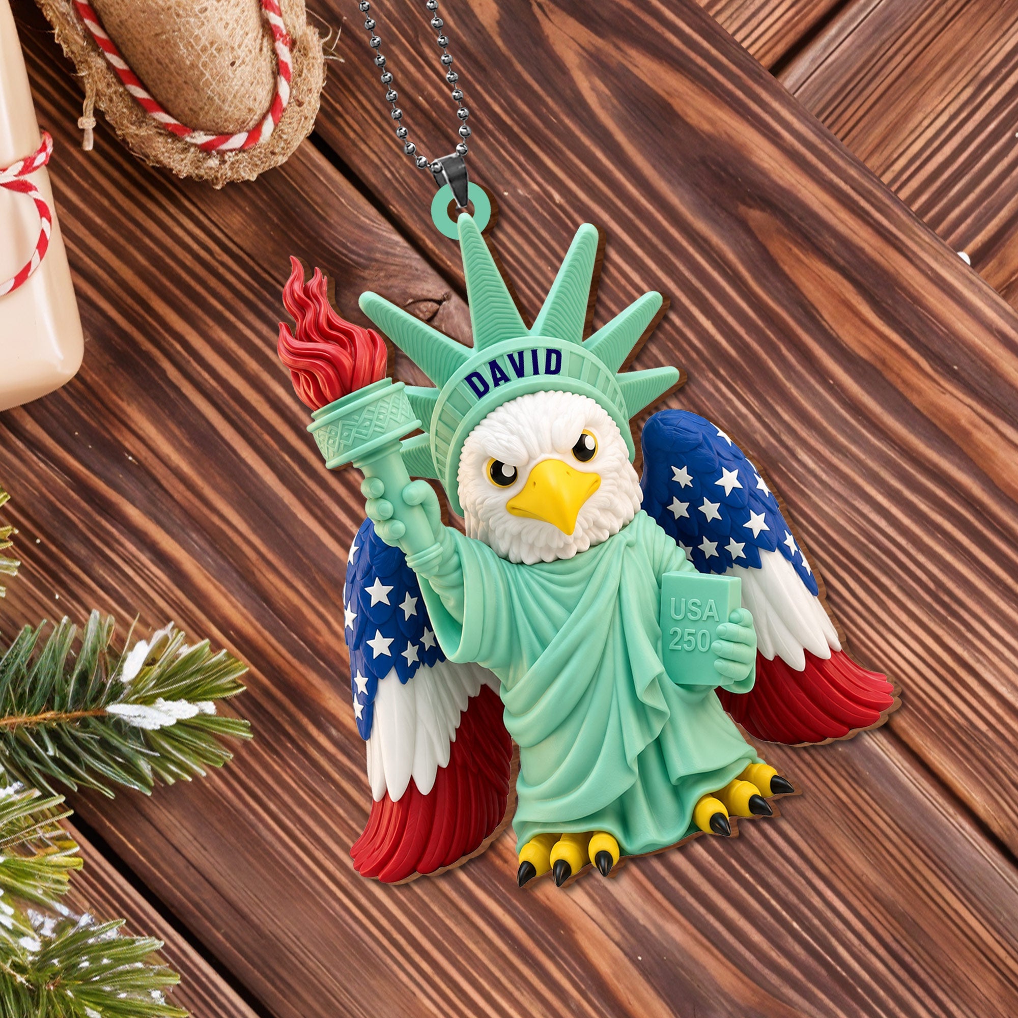 Personalized Wood Car Hanging Ornament Custom Name Patriotic Gift Wood Ornament GradoCreations
