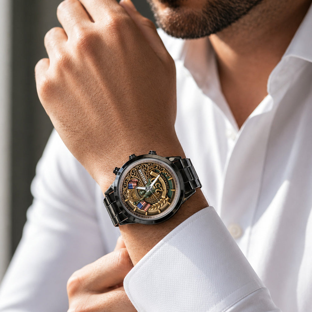Personalized Men's Watch Custom Name American Flag Gift for Dad Men's Watch GradoCreations