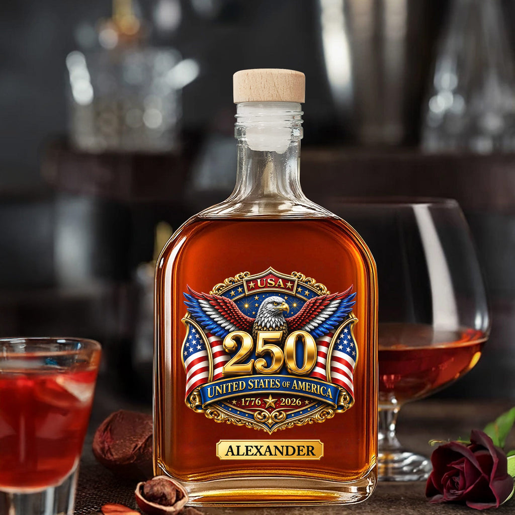 Personalized Whiskey Bottle with Eagle & American Flag Design for Dad, 4th of July Gift Whiskey Bottle GradoCreations