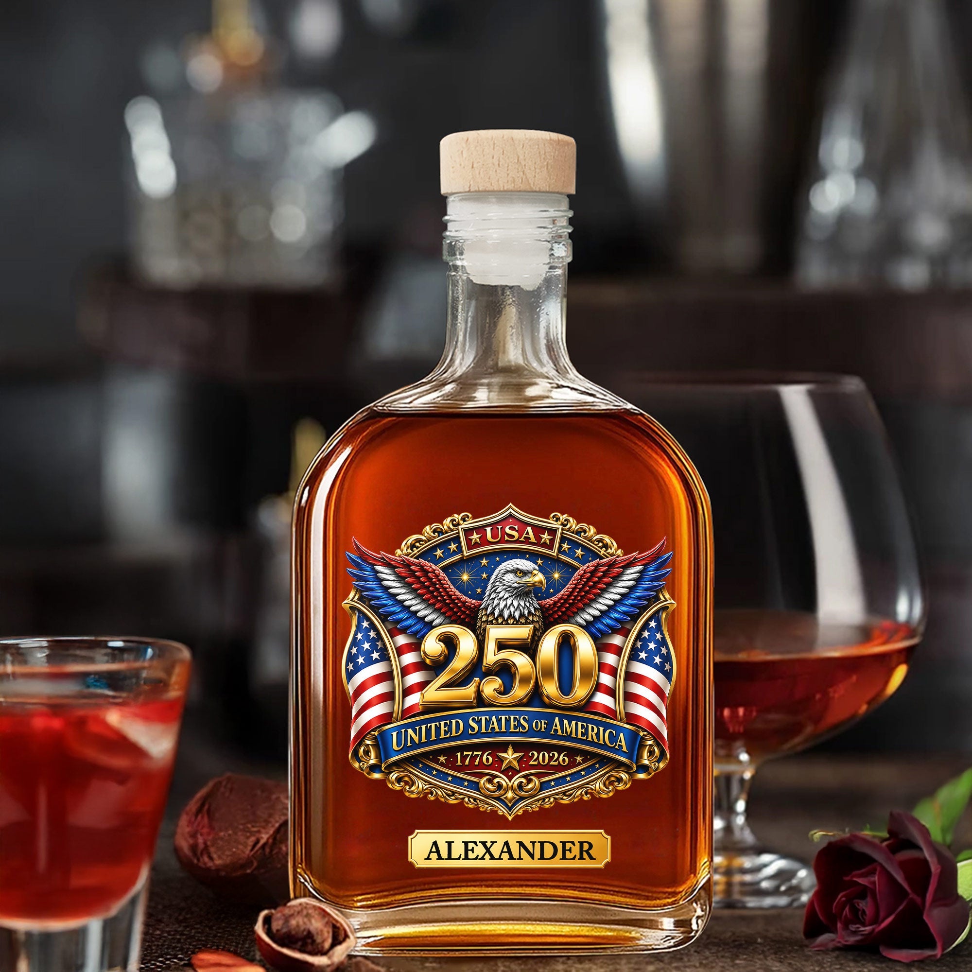 Personalized Whiskey Bottle with Eagle & American Flag Design for Dad, 4th of July Gift Whiskey Bottle GradoCreations