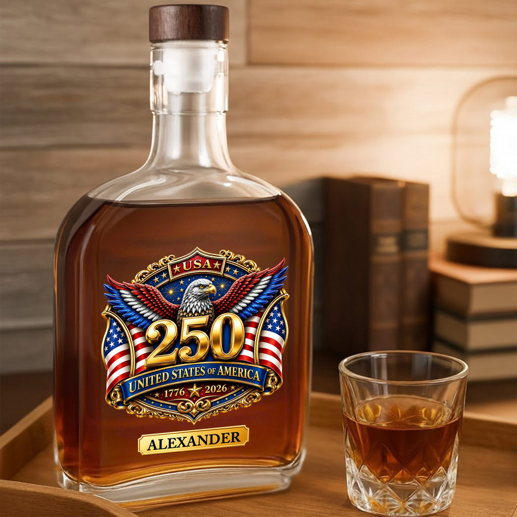 Personalized Whiskey Bottle with Eagle & American Flag Design for Dad, 4th of July Gift Whiskey Bottle GradoCreations