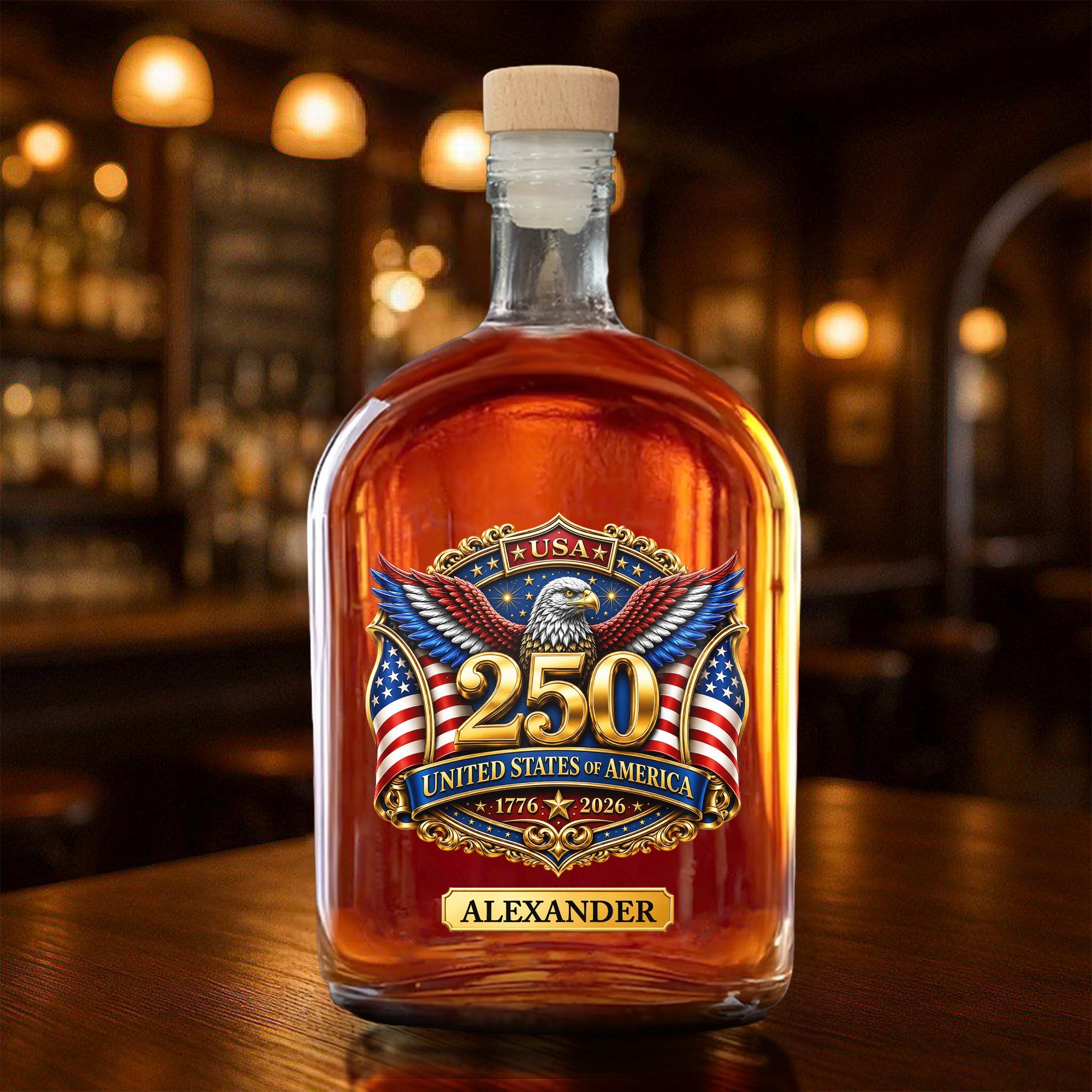 Personalized Whiskey Bottle with Eagle & American Flag Design for Dad, 4th of July Gift Whiskey Bottle GradoCreations