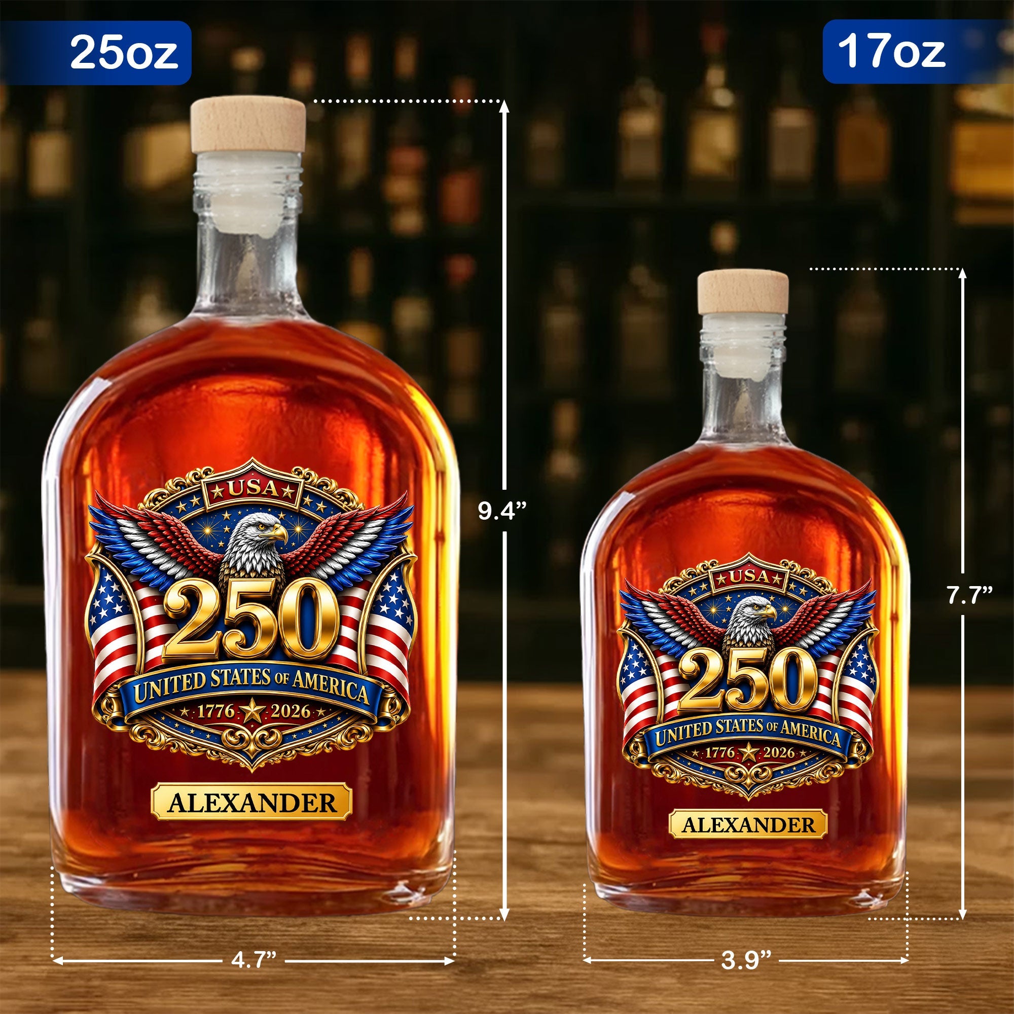 Personalized Whiskey Bottle with Eagle & American Flag Design for Dad, 4th of July Gift Whiskey Bottle GradoCreations