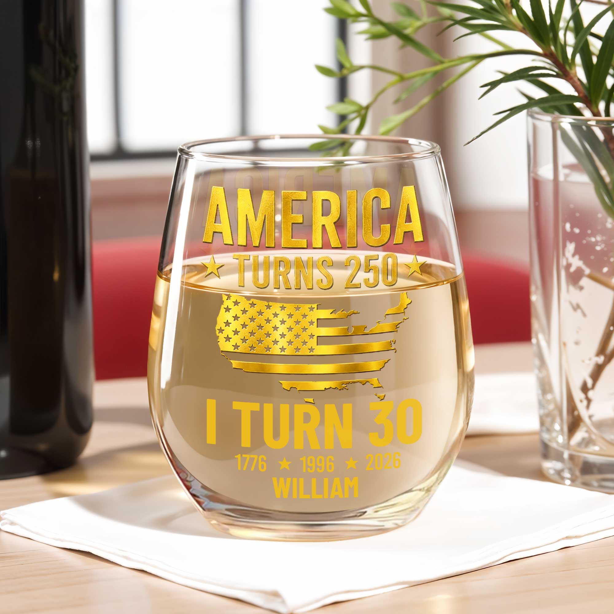 Personalized Stemless Wine Glass USA Map Custom Gift for 250th Birthday Wine Glasses GradoCreations