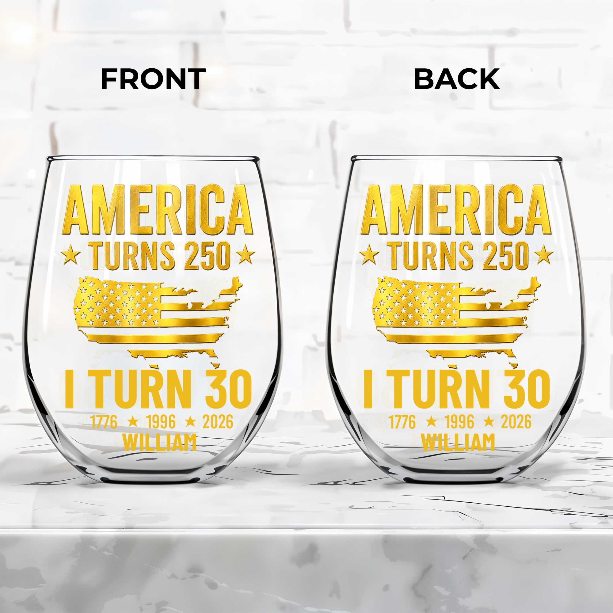 Personalized Stemless Wine Glass USA Map Custom Gift for 250th Birthday Wine Glasses GradoCreations