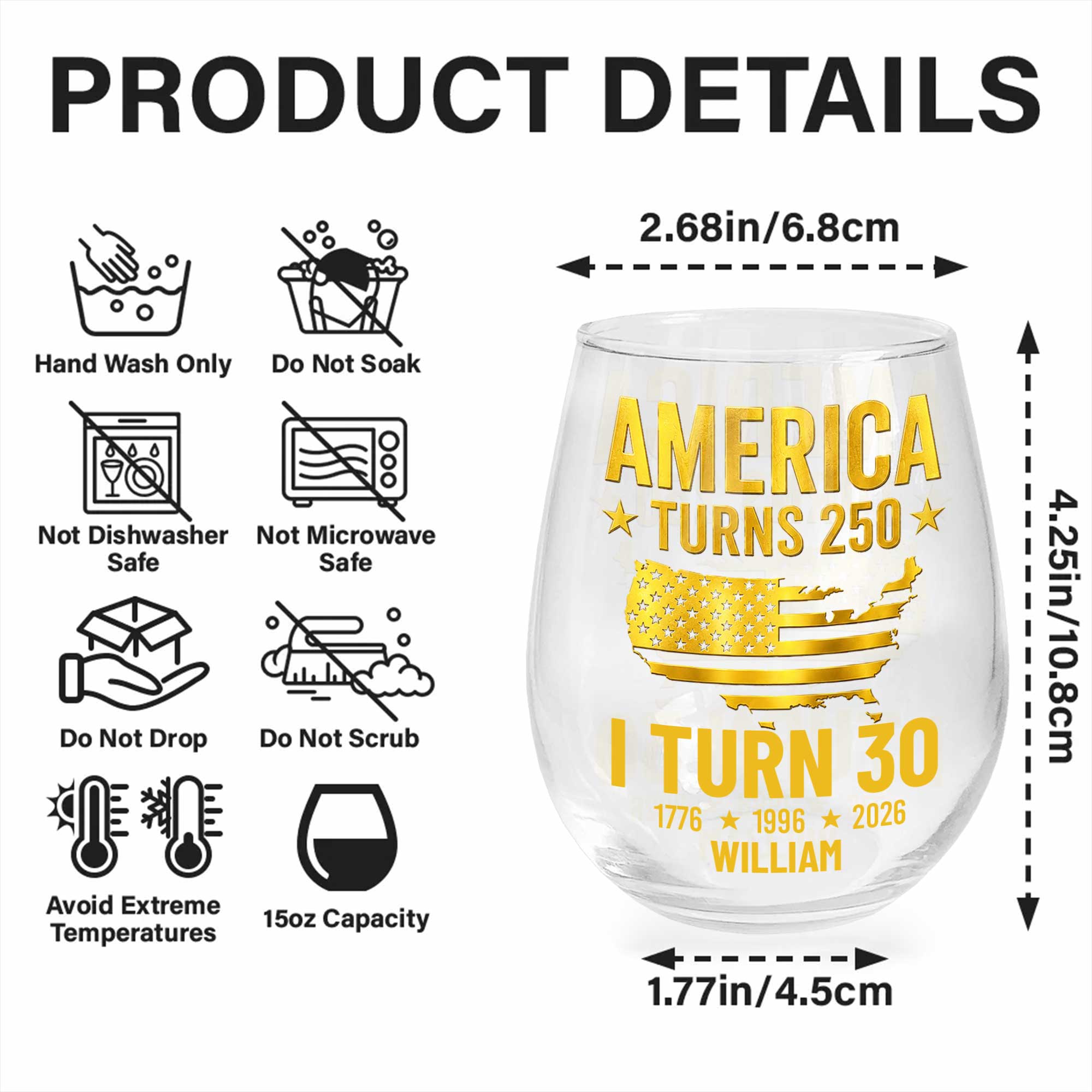 Personalized Stemless Wine Glass USA Map Custom Gift for 250th Birthday Wine Glasses GradoCreations