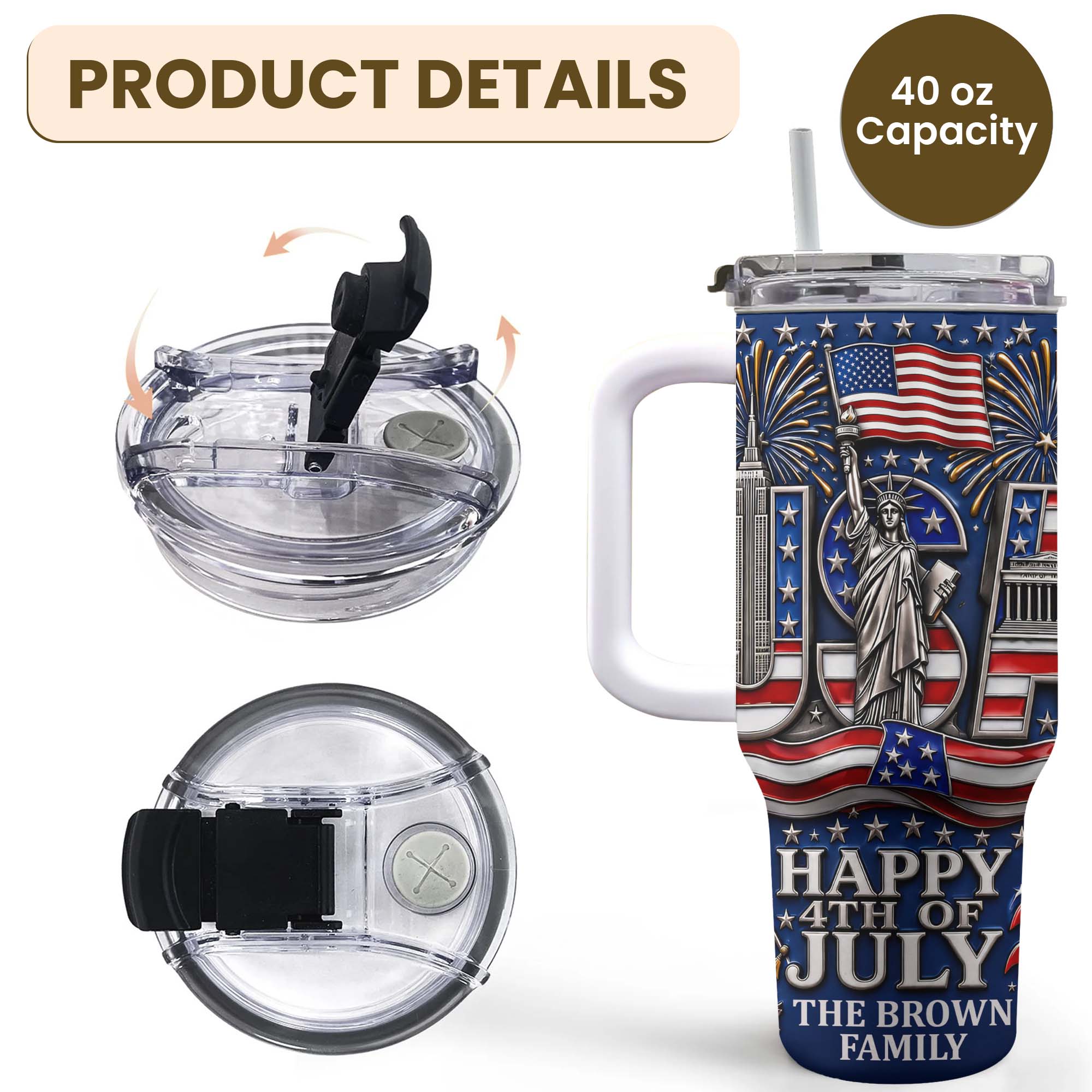 Personalized 40oz Tumbler with Straw American Flag Gift for 4th of July 40oz Tumbler GradoCreations