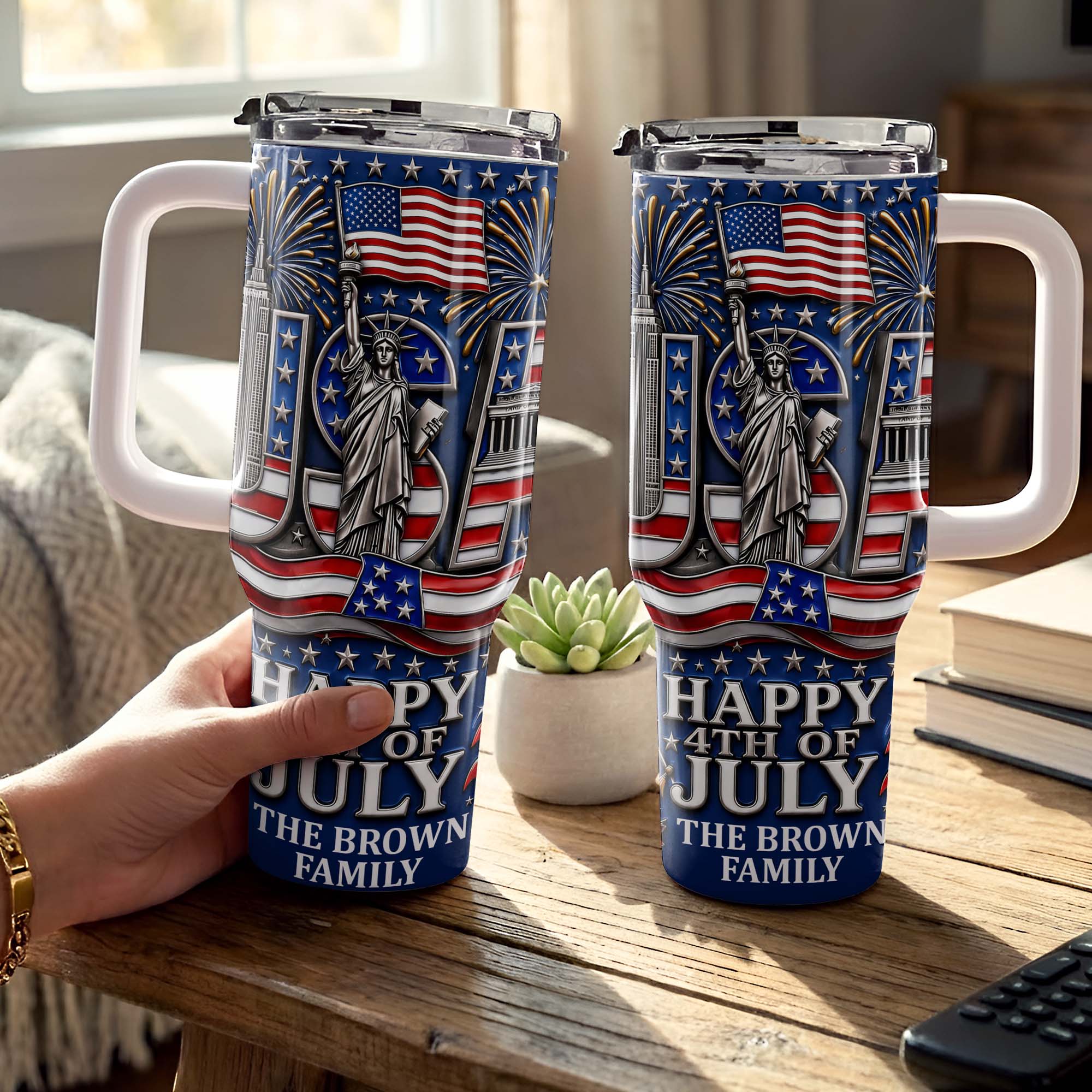 Personalized 40oz Tumbler with Straw American Flag Gift for 4th of July 40oz Tumbler GradoCreations