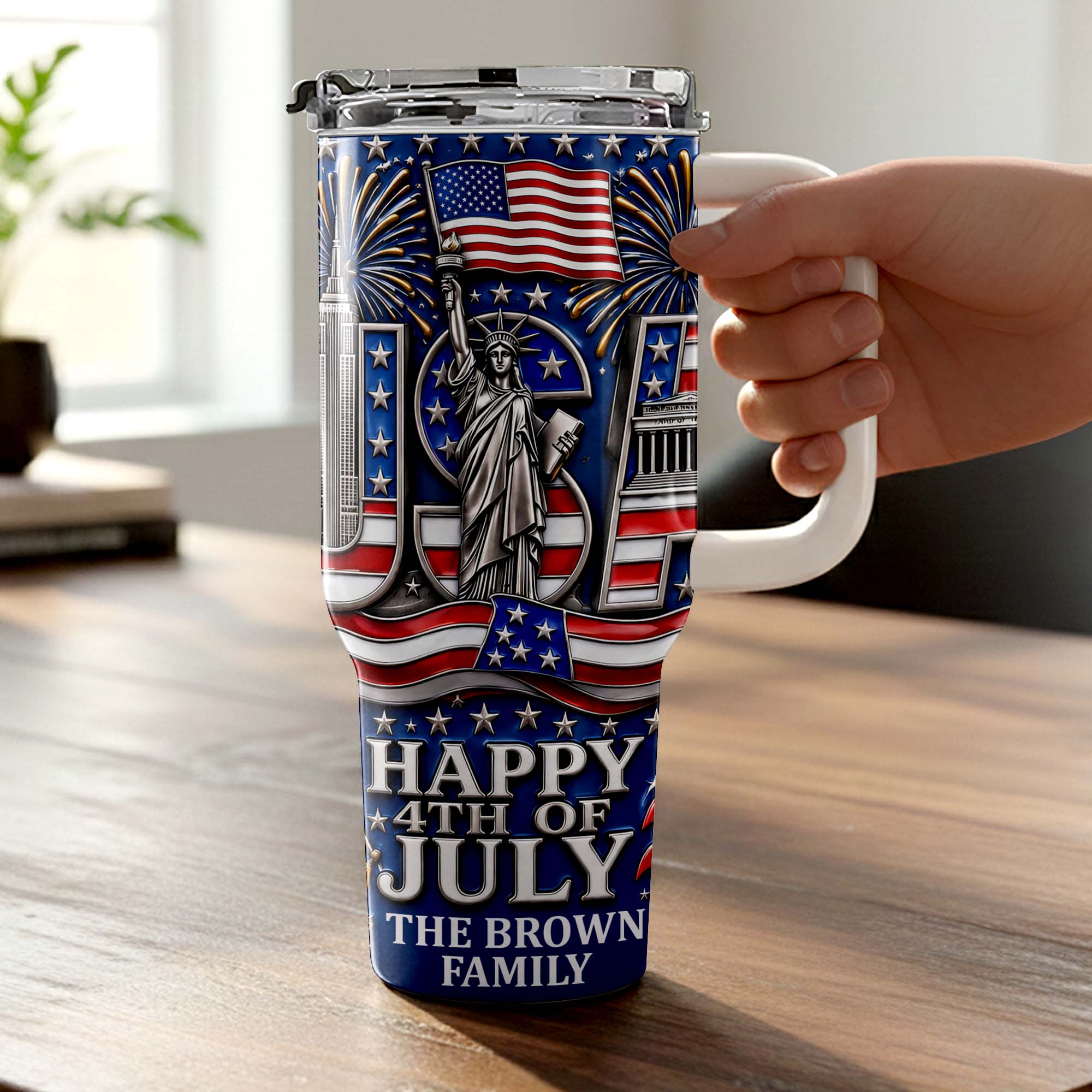 Personalized 40oz Tumbler with Straw American Flag Gift for 4th of July 40oz Tumbler GradoCreations