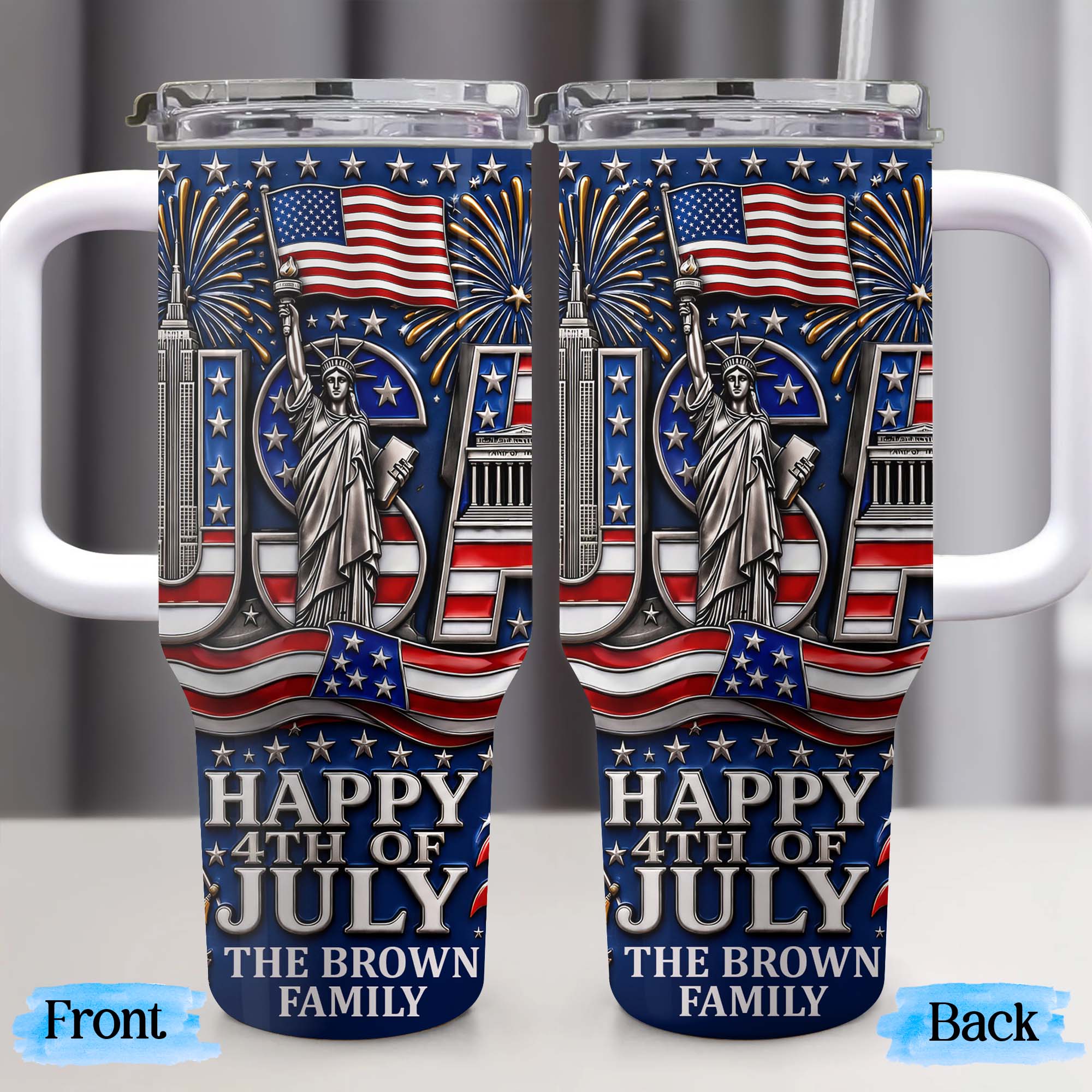 Personalized 40oz Tumbler with Straw American Flag Gift for 4th of July 40oz Tumbler GradoCreations