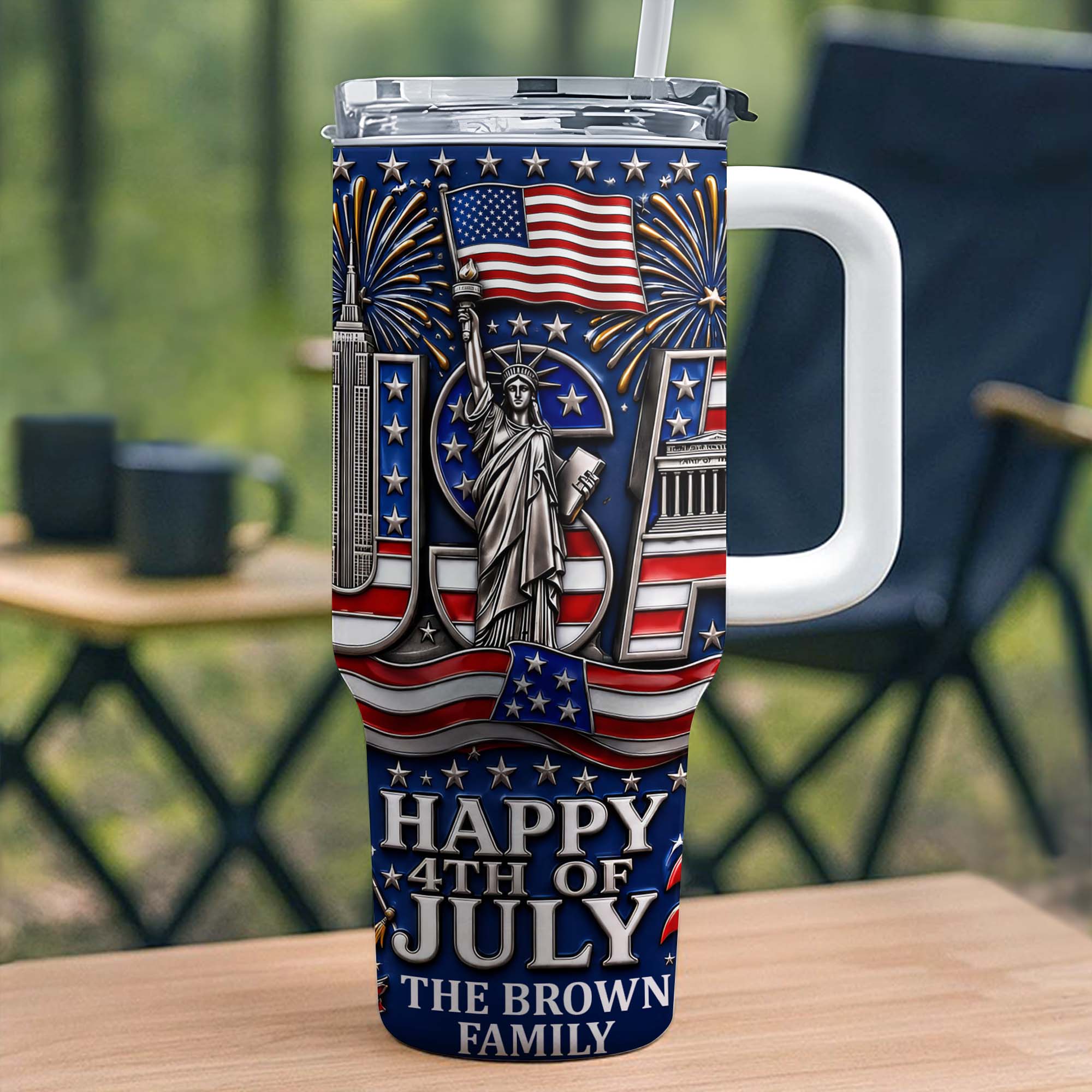 Personalized 40oz Tumbler with Straw American Flag Gift for 4th of July 40oz Tumbler GradoCreations