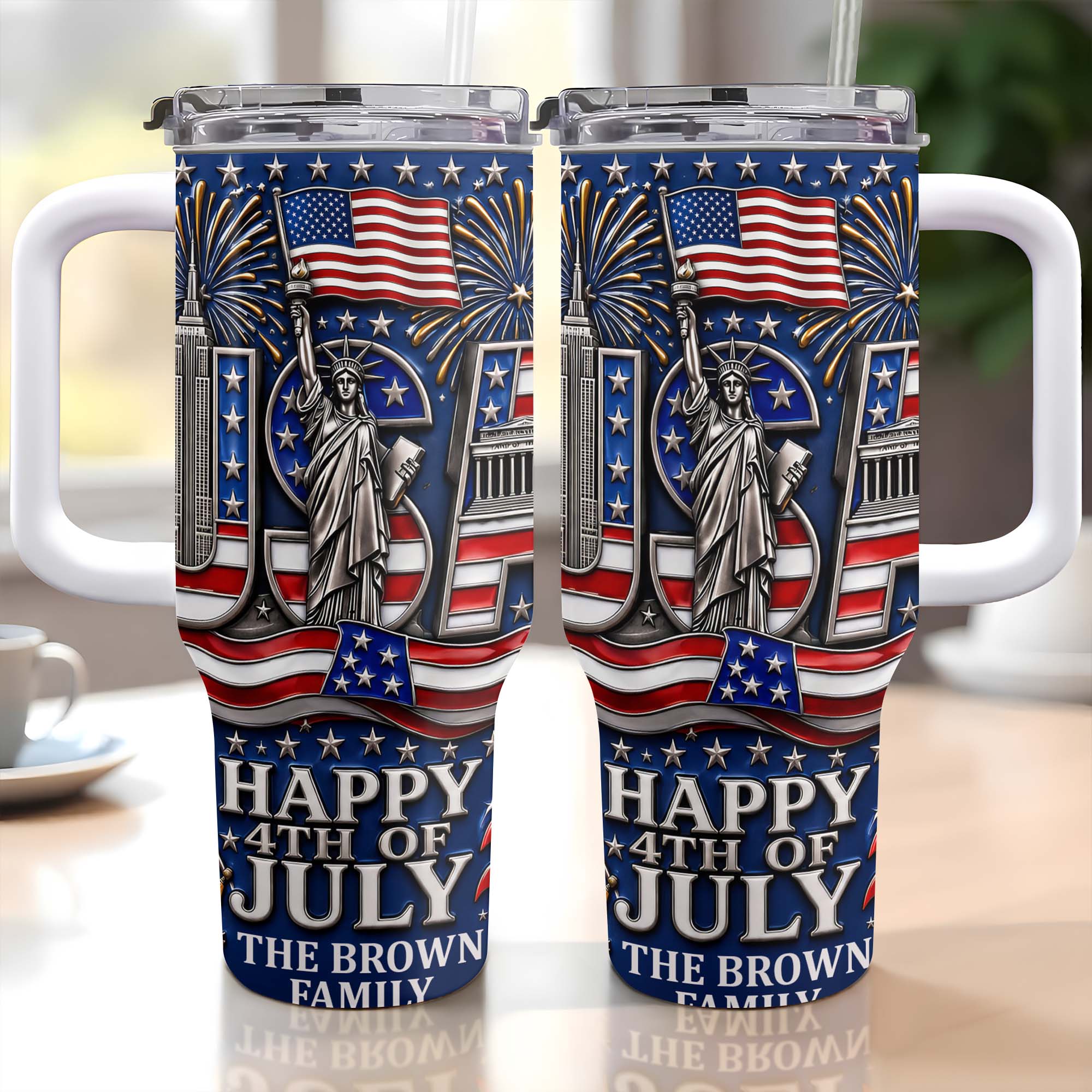 Personalized 40oz Tumbler with Straw American Flag Gift for 4th of July 40oz Tumbler GradoCreations