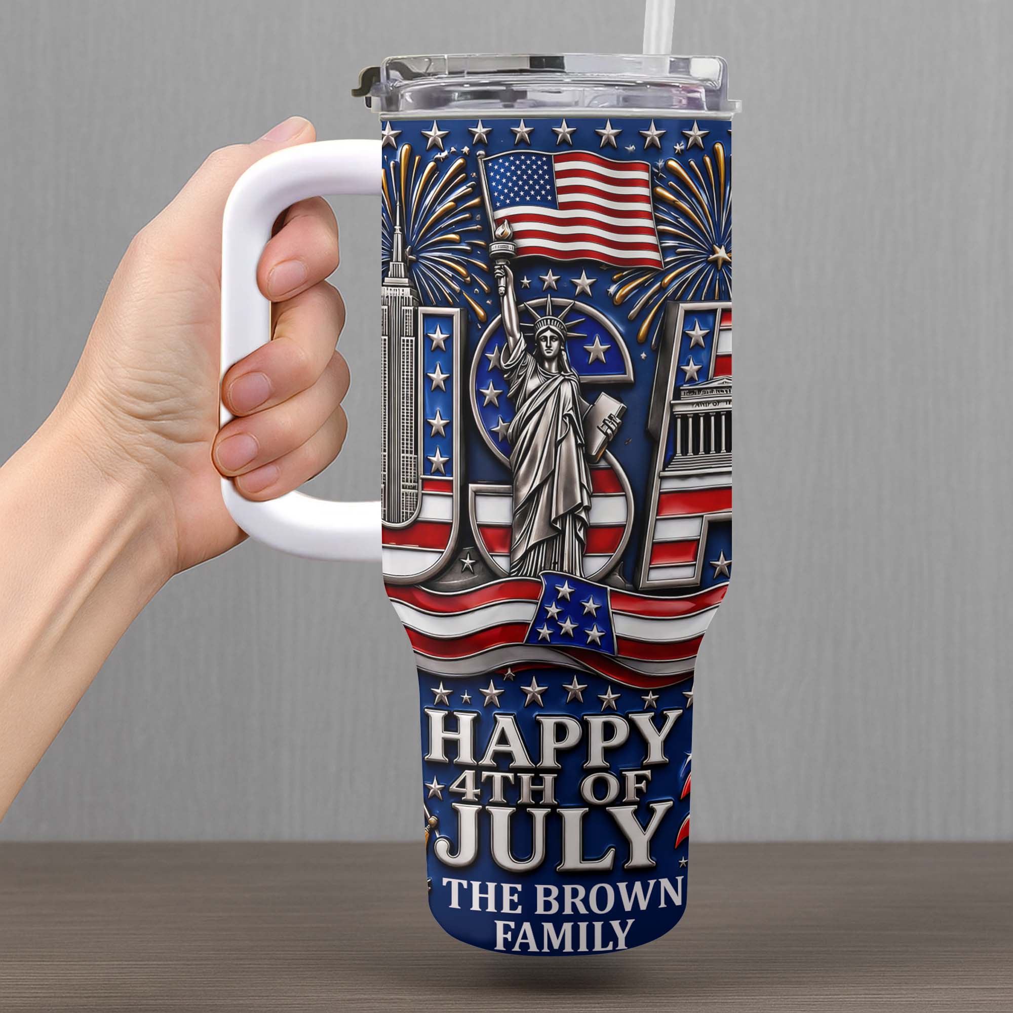 Personalized 40oz Tumbler with Straw American Flag Gift for 4th of July 40oz Tumbler GradoCreations