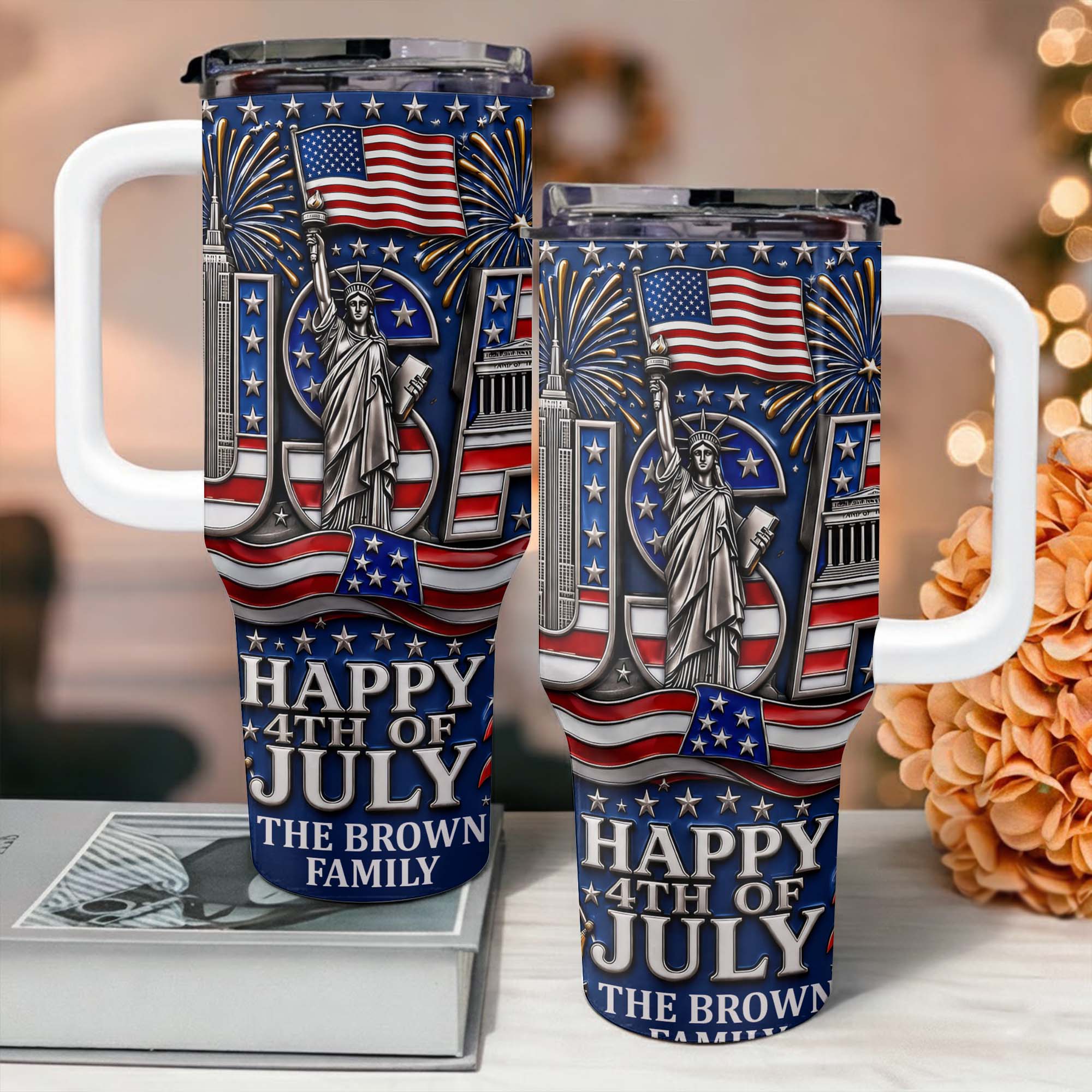 Personalized 40oz Tumbler with Straw American Flag Gift for 4th of July 40oz Tumbler GradoCreations
