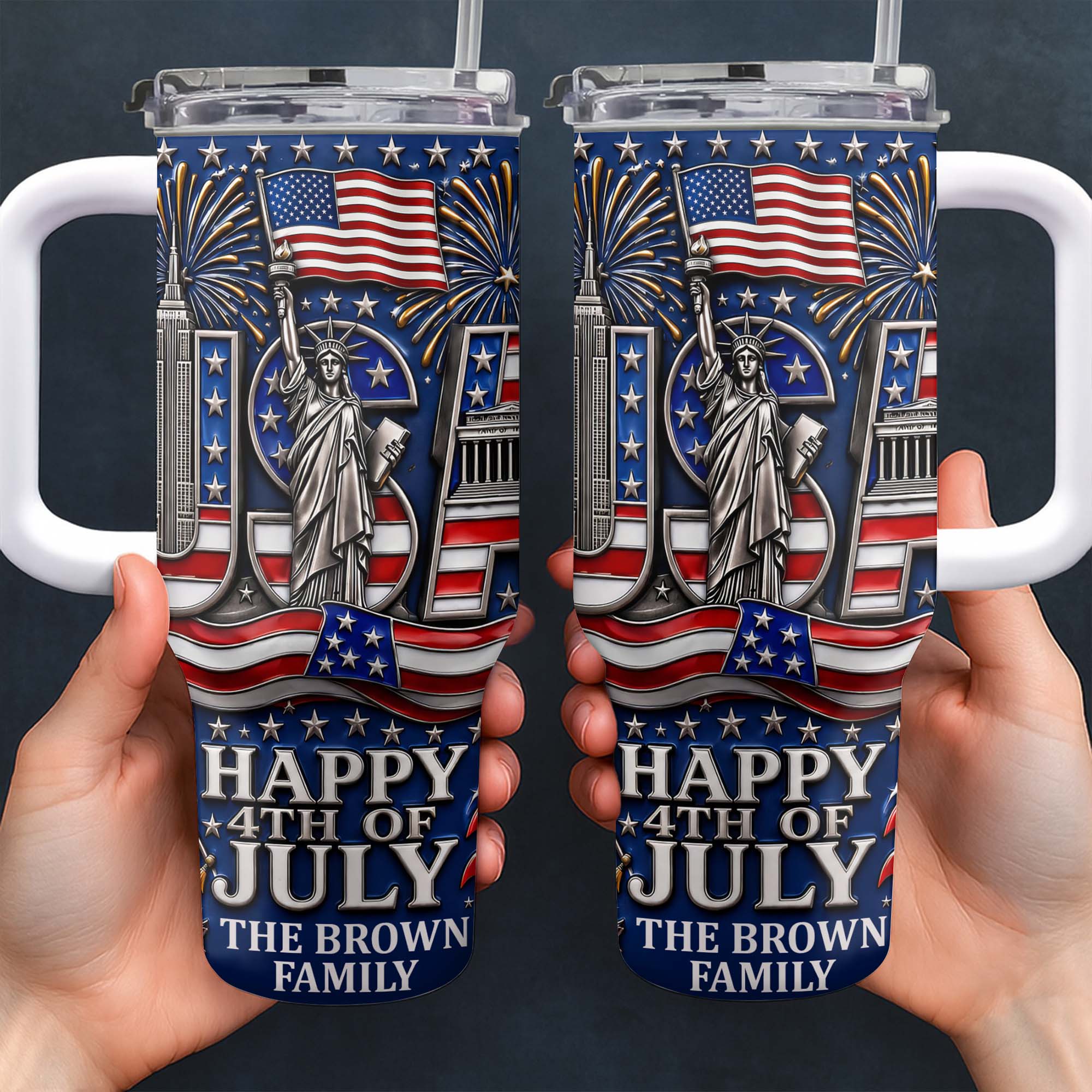 Personalized 40oz Tumbler with Straw American Flag Gift for 4th of July 40oz Tumbler GradoCreations